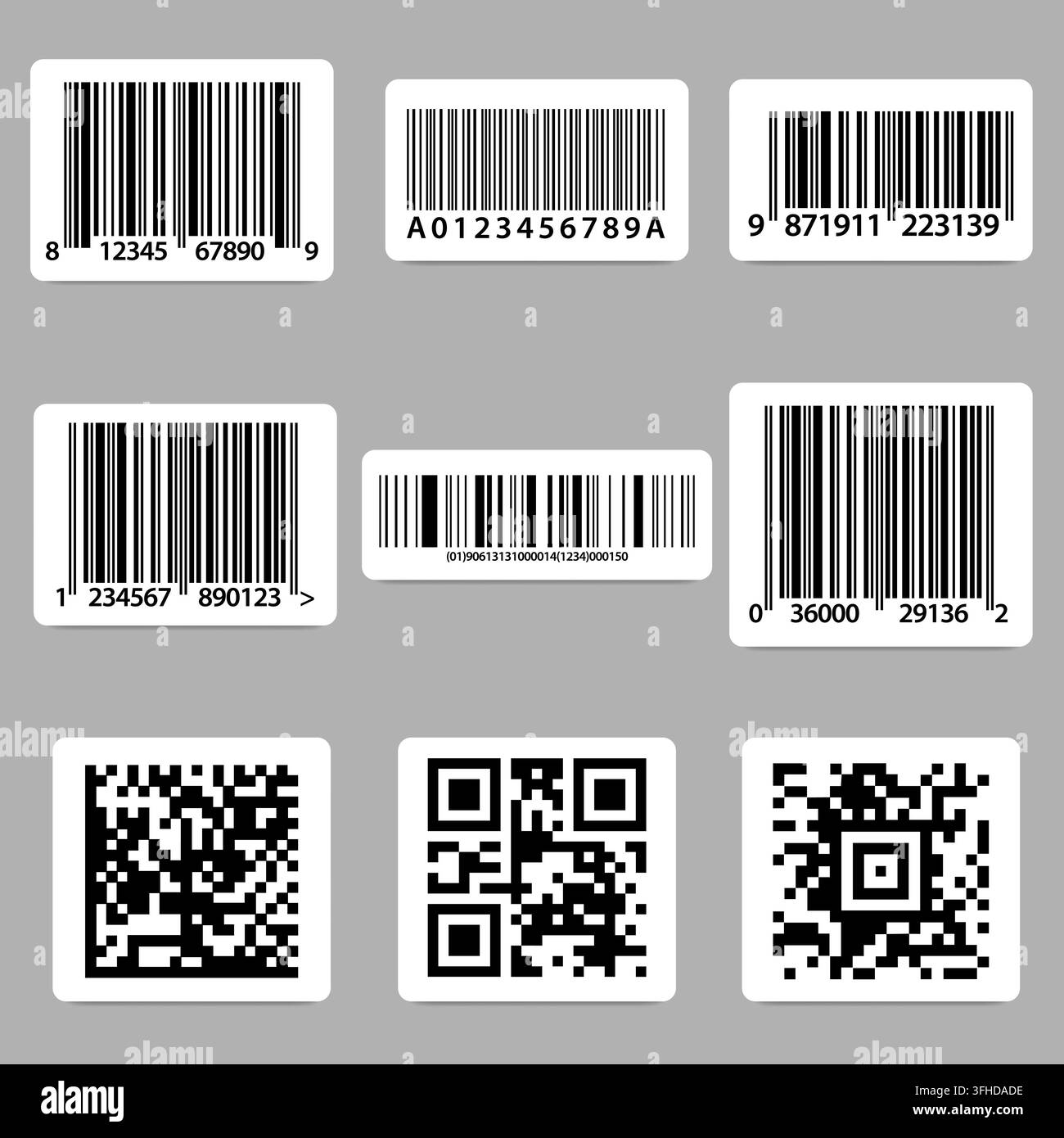 Satz von Barcode-Barcode-Vorlagen für Scanner-Digitalcodes für soziale Netzwerke, Markt, Zahlungen und Design. Vektor-Etiketten. Stock Vektor