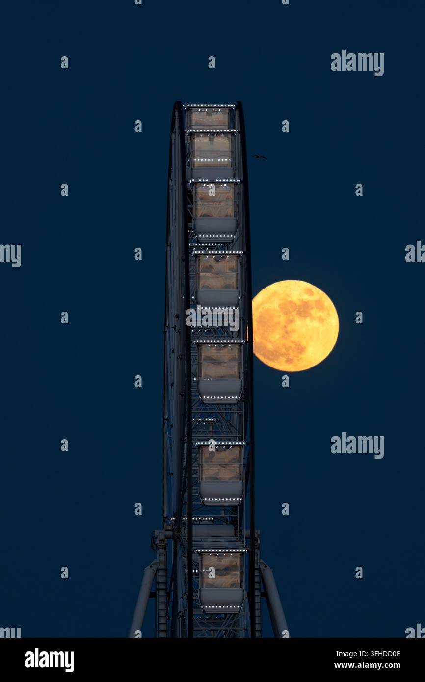 Seitenansicht eines beleuchteten Riesenrads mit einem großen vollen Supermond, der in der Dämmerung leuchtet Stockfoto