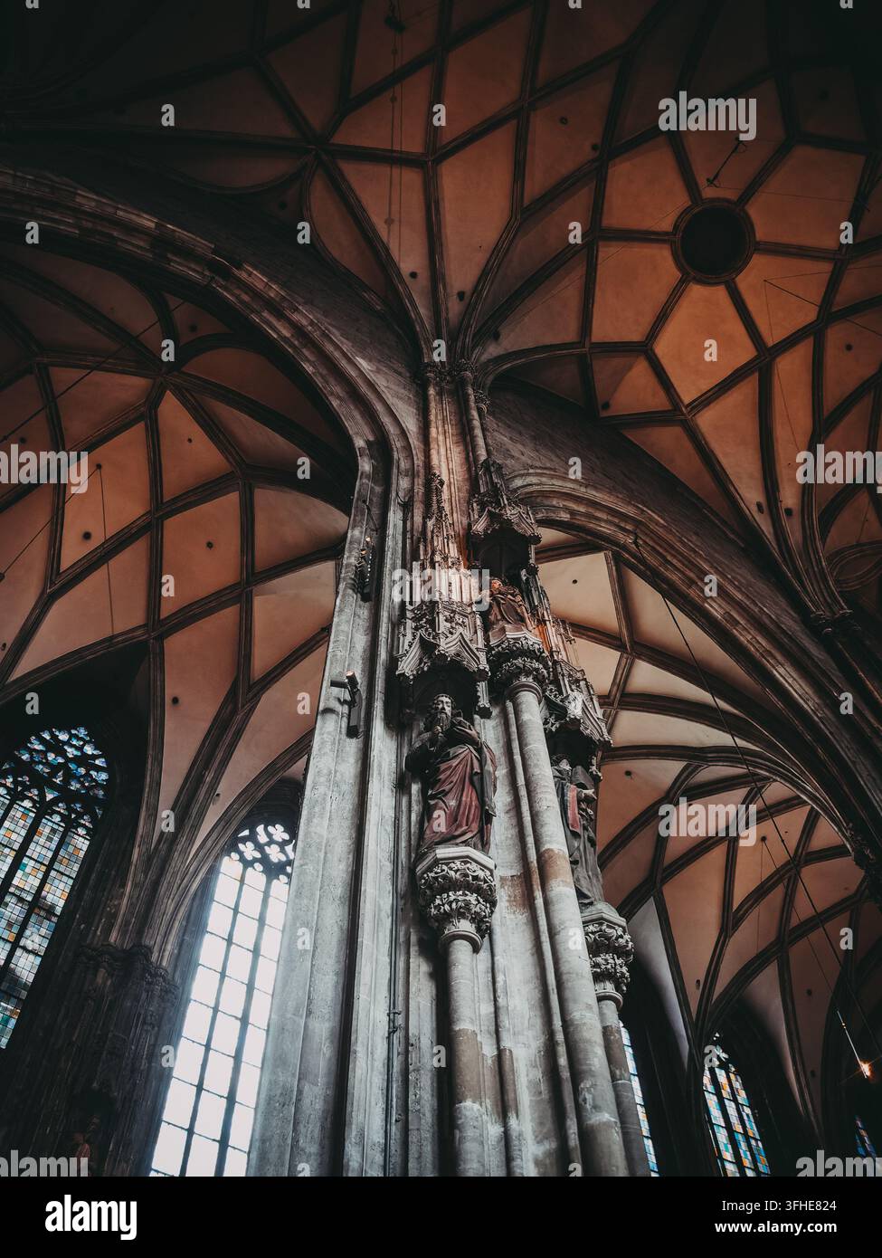 Schaut man direkt nach oben in eine gotische Kathedrale, treffen sich aufwändige steinerne Kreuzrippengewölbe über geschnitzten Statuen von Heiligen, während farbenfrohes Stained-Glass leuchtet Stockfoto