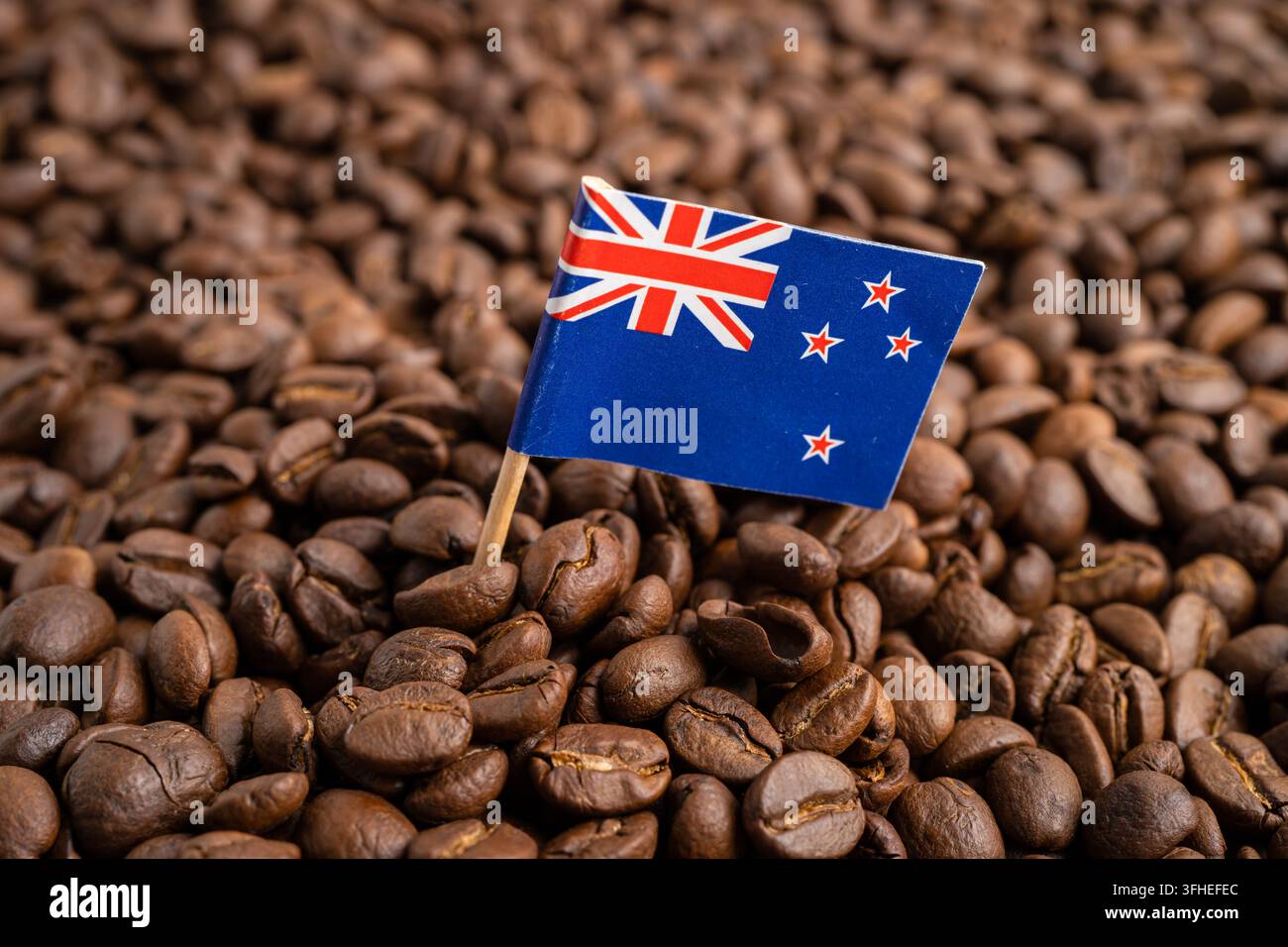 Neuseeländische Flagge auf Kaffeebohne, Import-Export-Handel Online-Commerce. Stockfoto