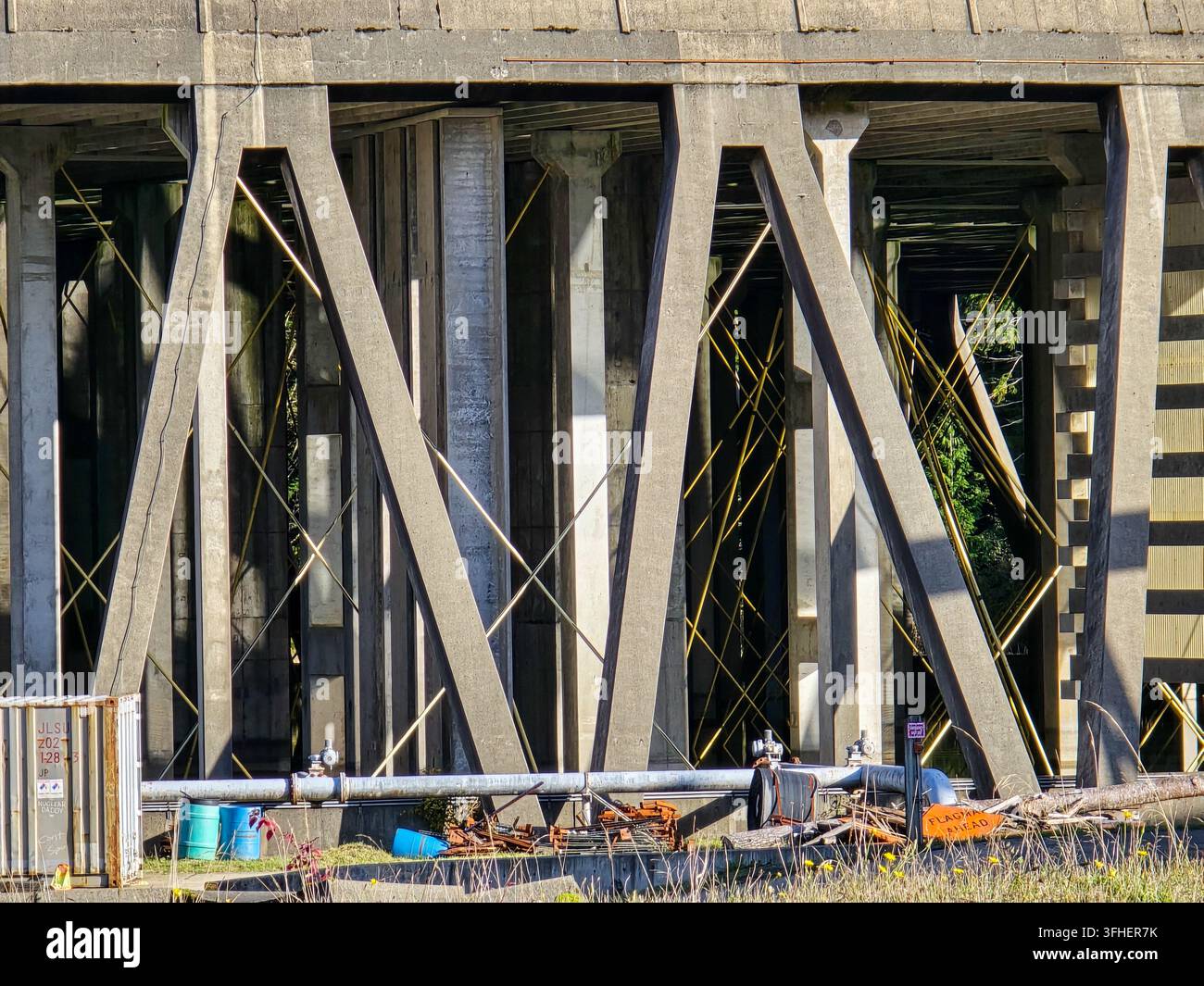 Wiederholte Betonstützen und konstruktive Aussteifungen im Kernkraftwerk Satsop im Bundesstaat Washington. Stockfoto