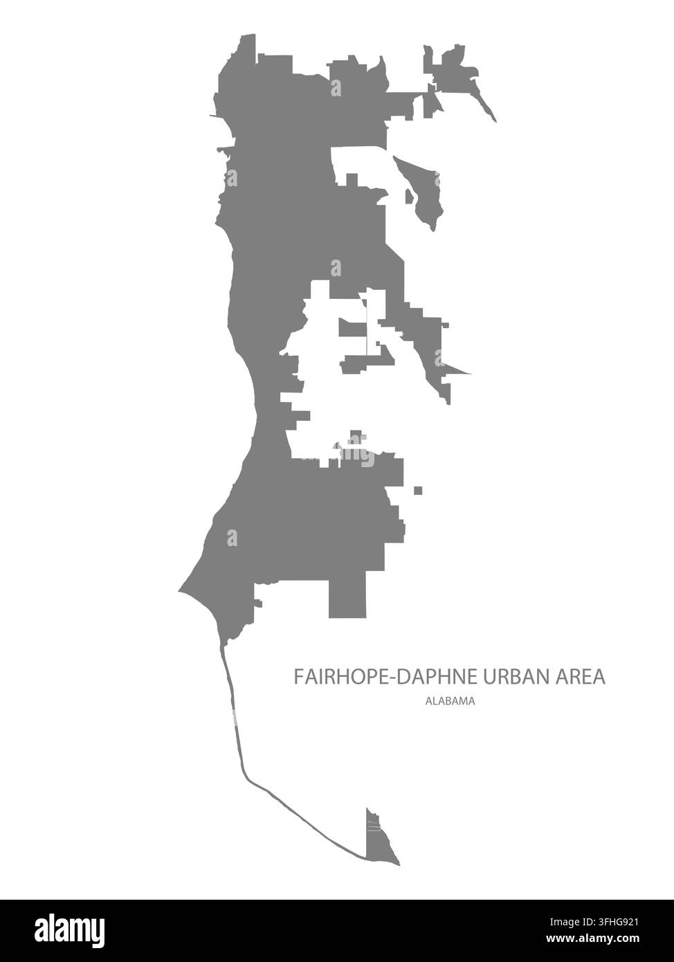 Moderne flache Vektorkarte des städtischen Gebiets Fairhope-Daphne, Alabama, Vereinigte Staaten. Detaillierte Gebietsgrenzen-Silhouette in Grau auf weißem Hintergrund. Stock Vektor