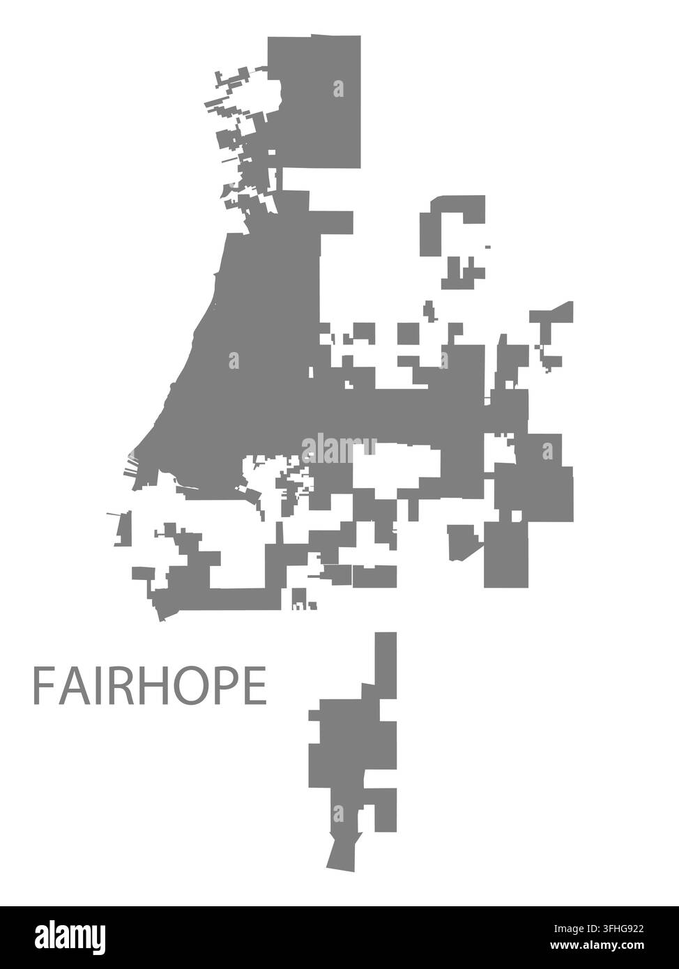 Moderne flache Vektorkarte von Fairhope, Alabama, Vereinigte Staaten. Detaillierte Stadtgrenze-Silhouette in Grau auf weißem Hintergrund. Stock Vektor