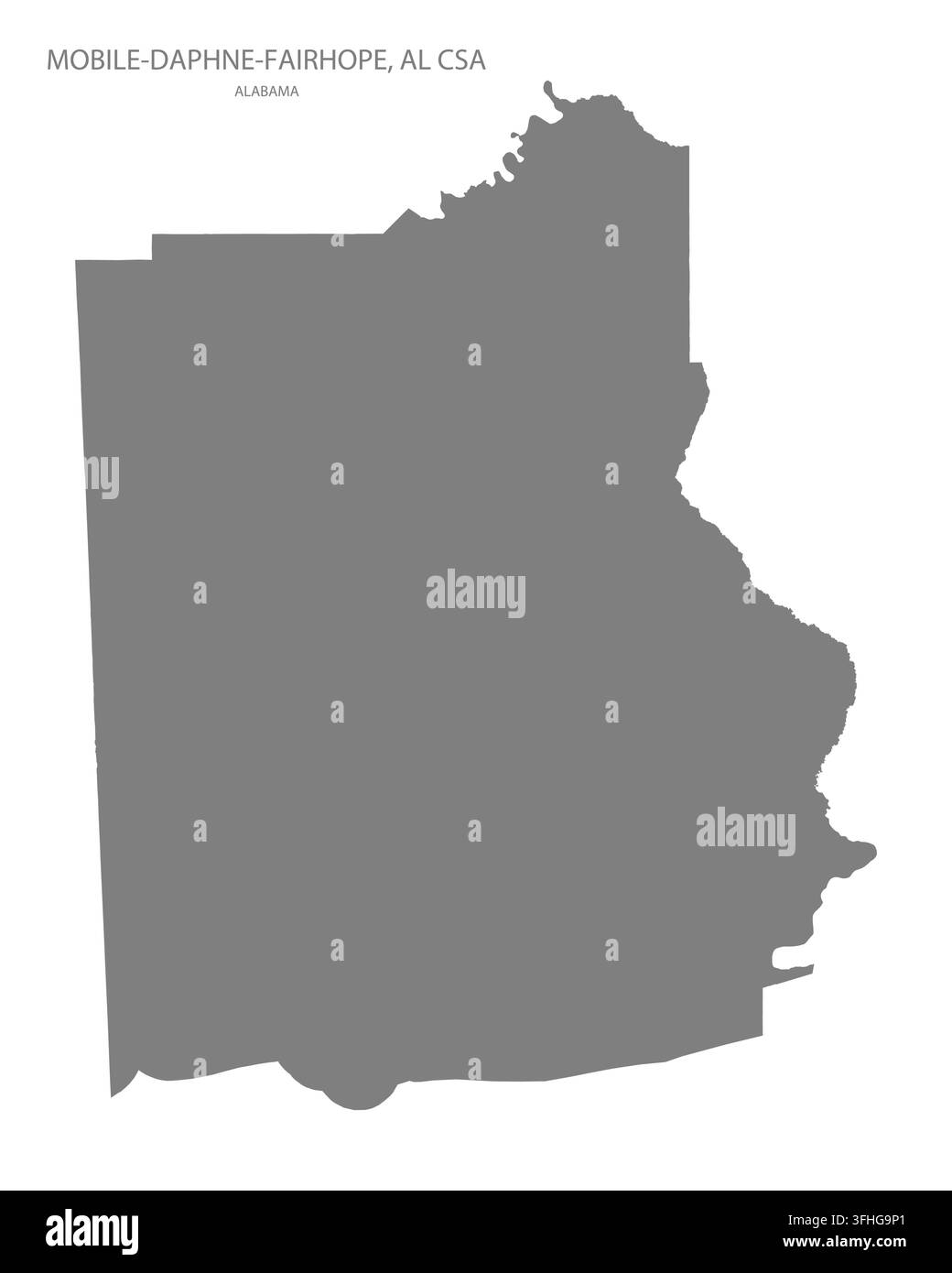 Moderne flache Vektorkarte von Mobile-Daphne-Fairhope, Al Csa, Alabama, Vereinigte Staaten. Detaillierte statistische Gebietsgrenzen-Silhouette in Grau auf weißem Hintergrund Stock Vektor
