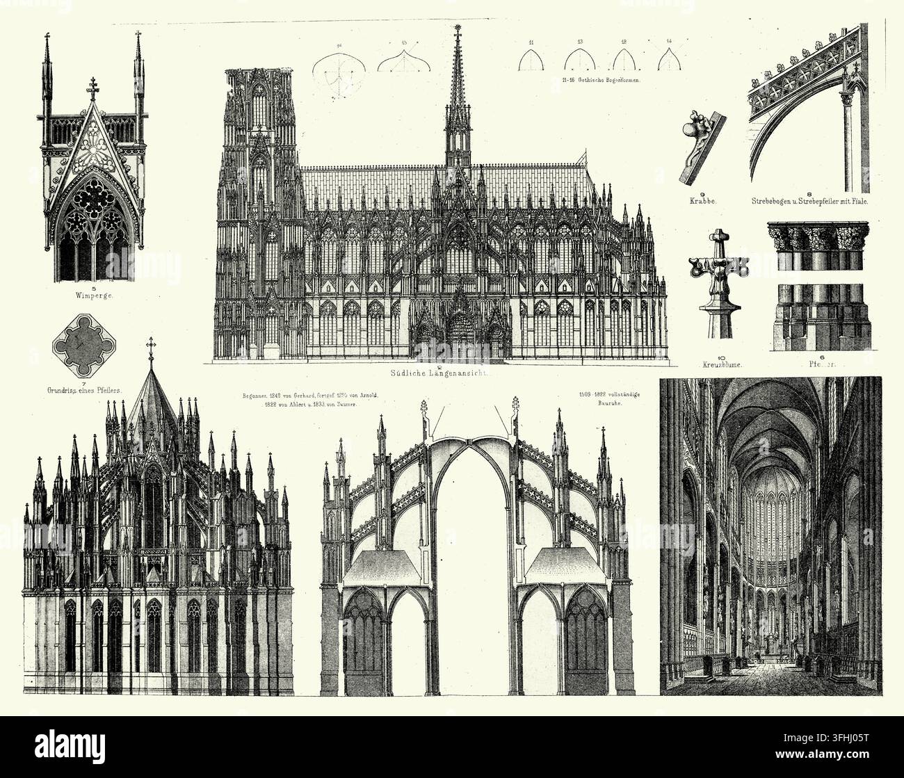 Details der gotischen Architektur, Kölner Dom, historische Bauelemente, Radierung aus dem 19. Jahrhundert Stockfoto