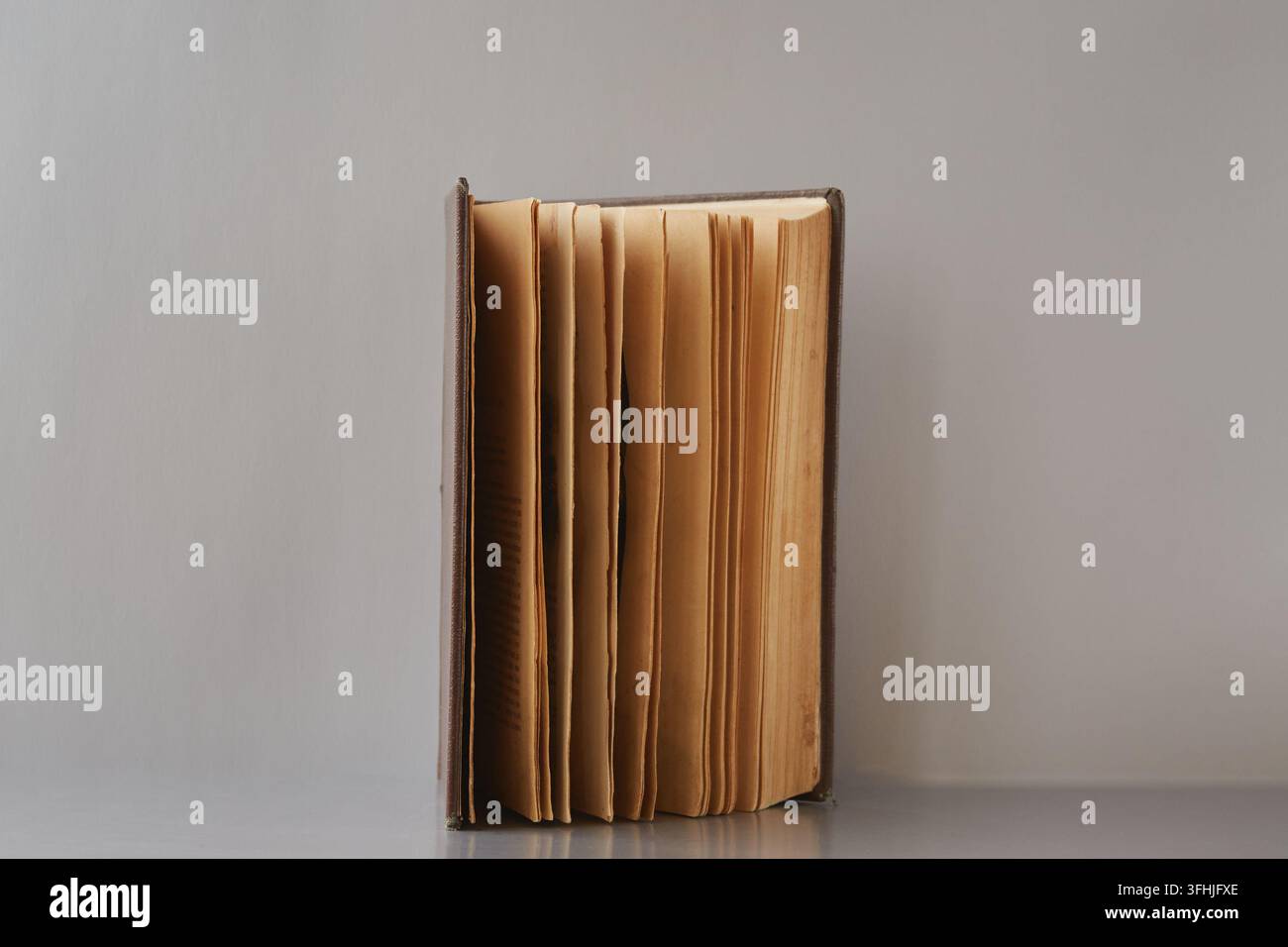 Ein altes halbgeöffnetes Buch steht vor einem grauen Hintergrund. Stockfoto