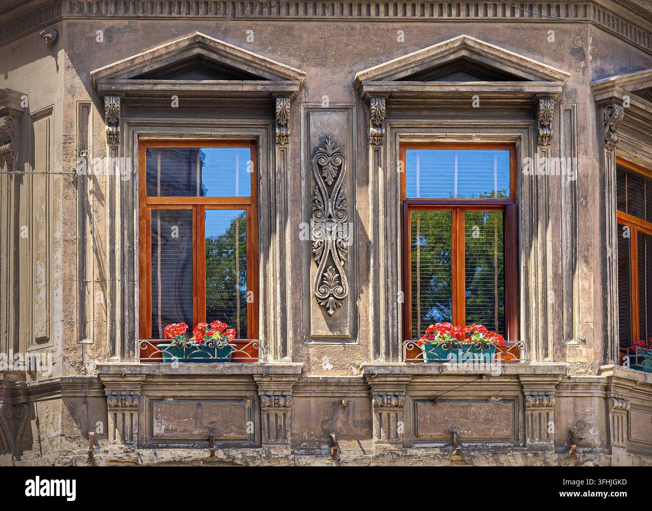Verschnörkelte Gebäudefassade mit Fenstern, Pflanzen und klassischen architektonischen Details Stockfoto