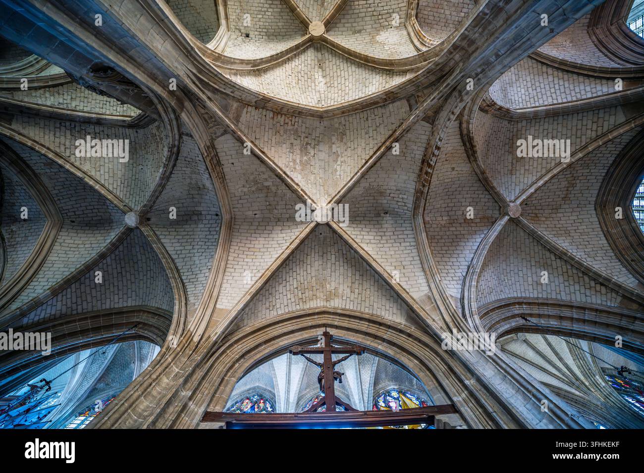 Niedrigwinkelperspektive, die nach oben zu den kunstvollen gotischen Kreuzrippengewölben, Steinbögen und Deckenkonsolen der Kathedrale des Heiligen Kreuzes in Orléans schaut Stockfoto