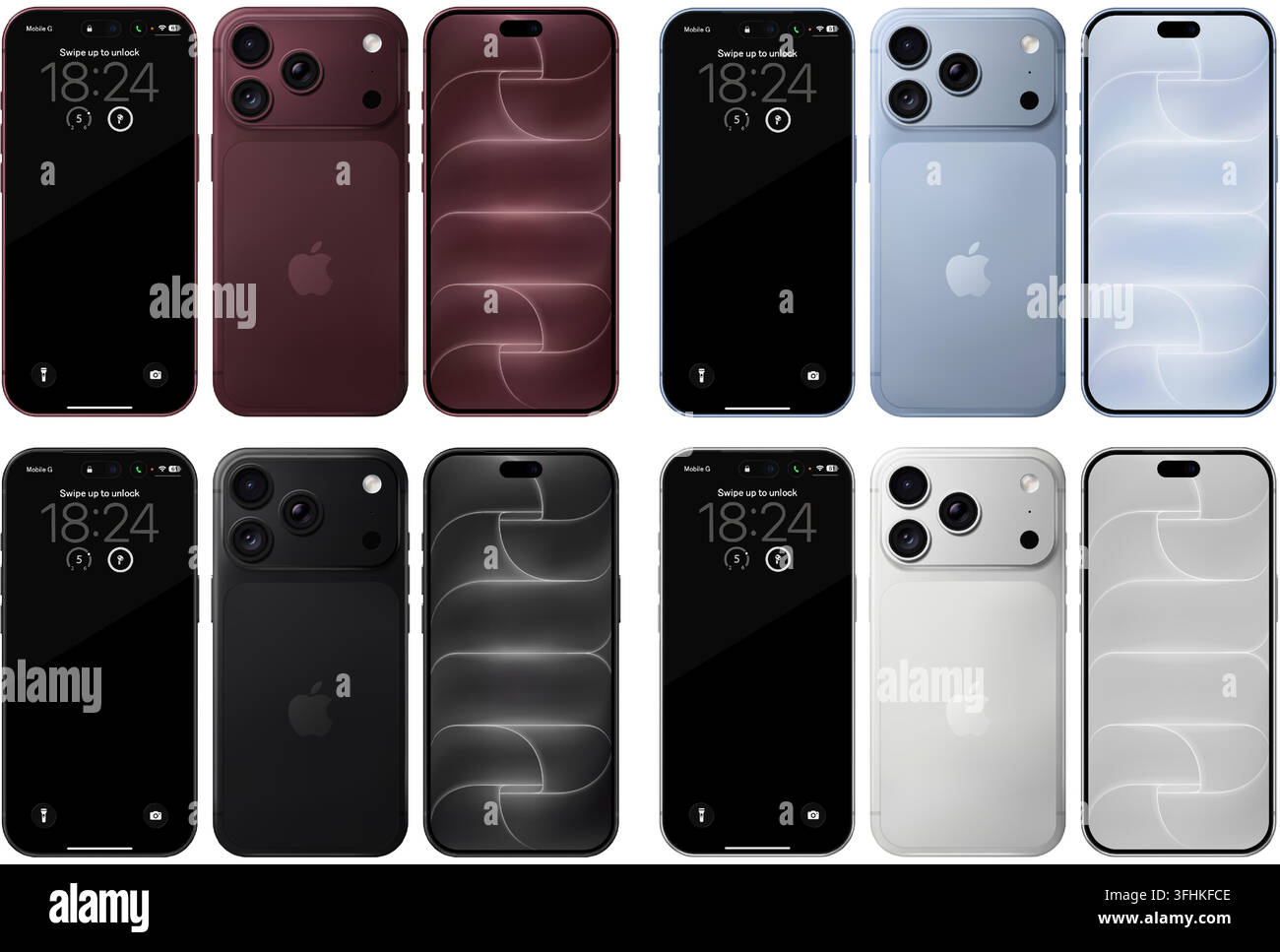 Apple iPhone 18 Pro-Modellreihe: Burgunderrot, Gletscher, Schwarz, Silber. Vorder- und Rückansicht isoliert. Vektor-Editorial-PNG Stock Vektor