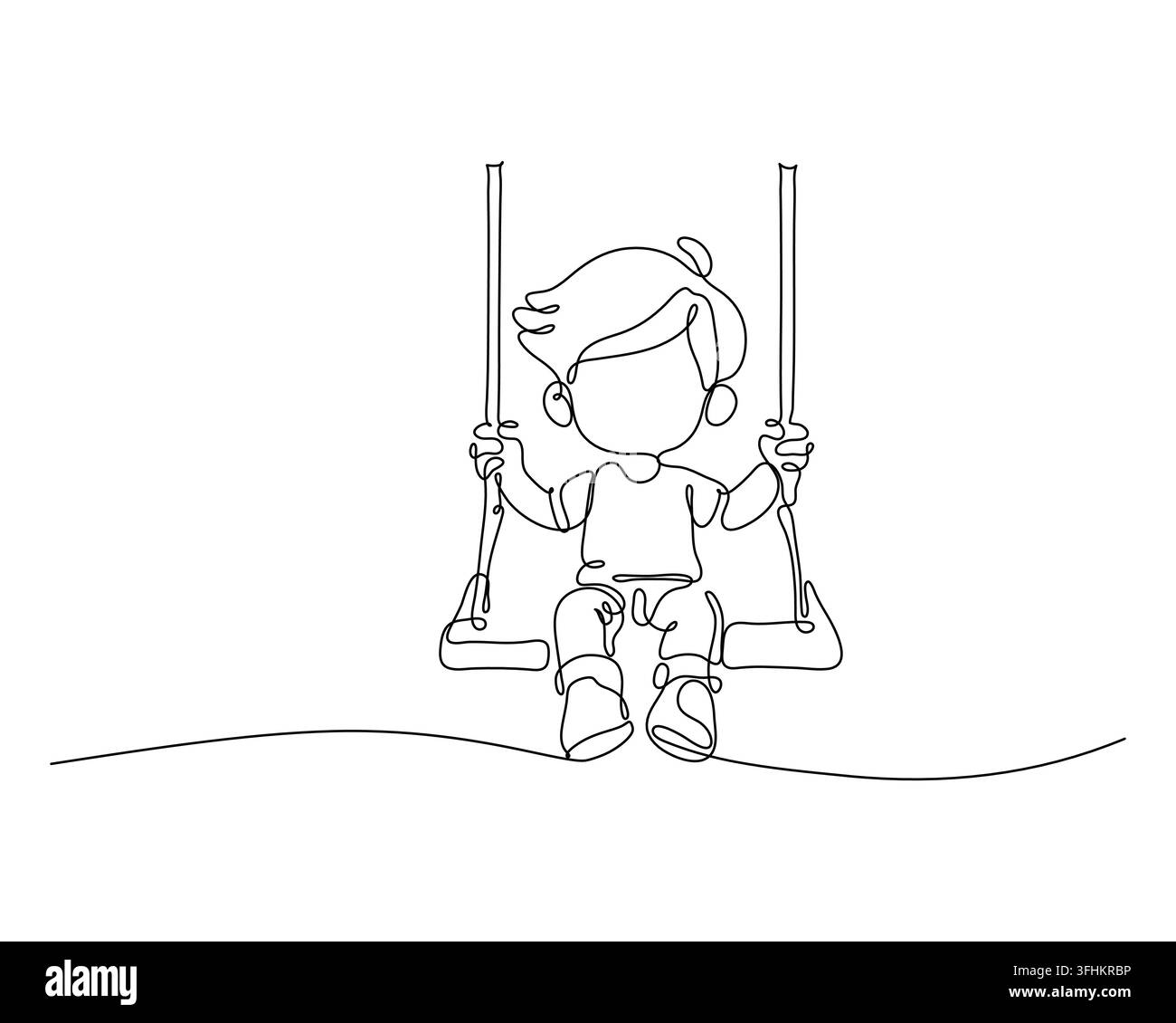 Kind, das glücklich schwingt, dargestellt in einer minimalistischen kontinuierlichen Linienillustration, die Gefühle von Unschuld und Verspieltheit hervorruft Stock Vektor