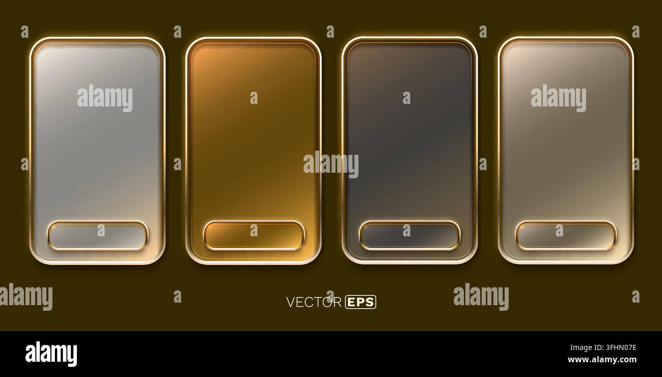 Vier elegante metallene Rahmen mit golden leuchtenden Rändern und interaktiven Tasten. Vektorillustration Stock Vektor