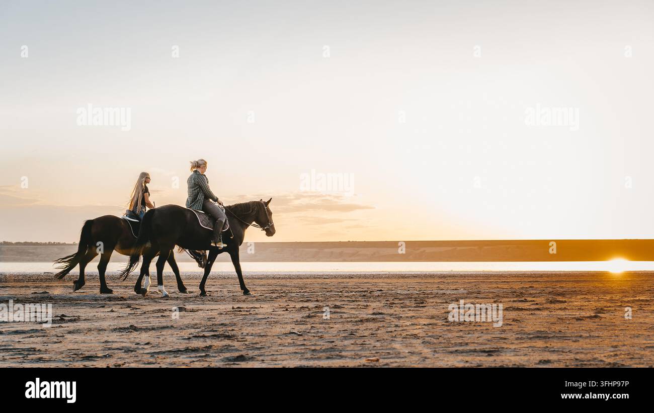 Blick auf Frauen, die Pferde entlang des Flusses in goldenem Licht bei Sonnenuntergang oder Sonnenaufgang reiten. Hengst beim Wandern in der Wüste am Wasser. Stockfoto