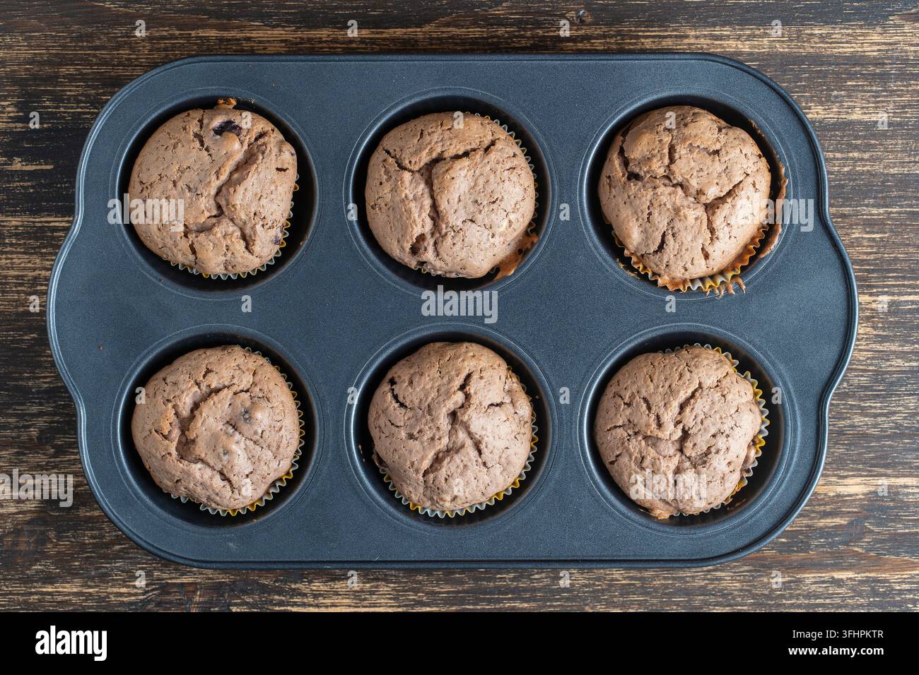 Sechs Schokoladen-Muffins in der Backform, Ansicht von oben Stockfoto