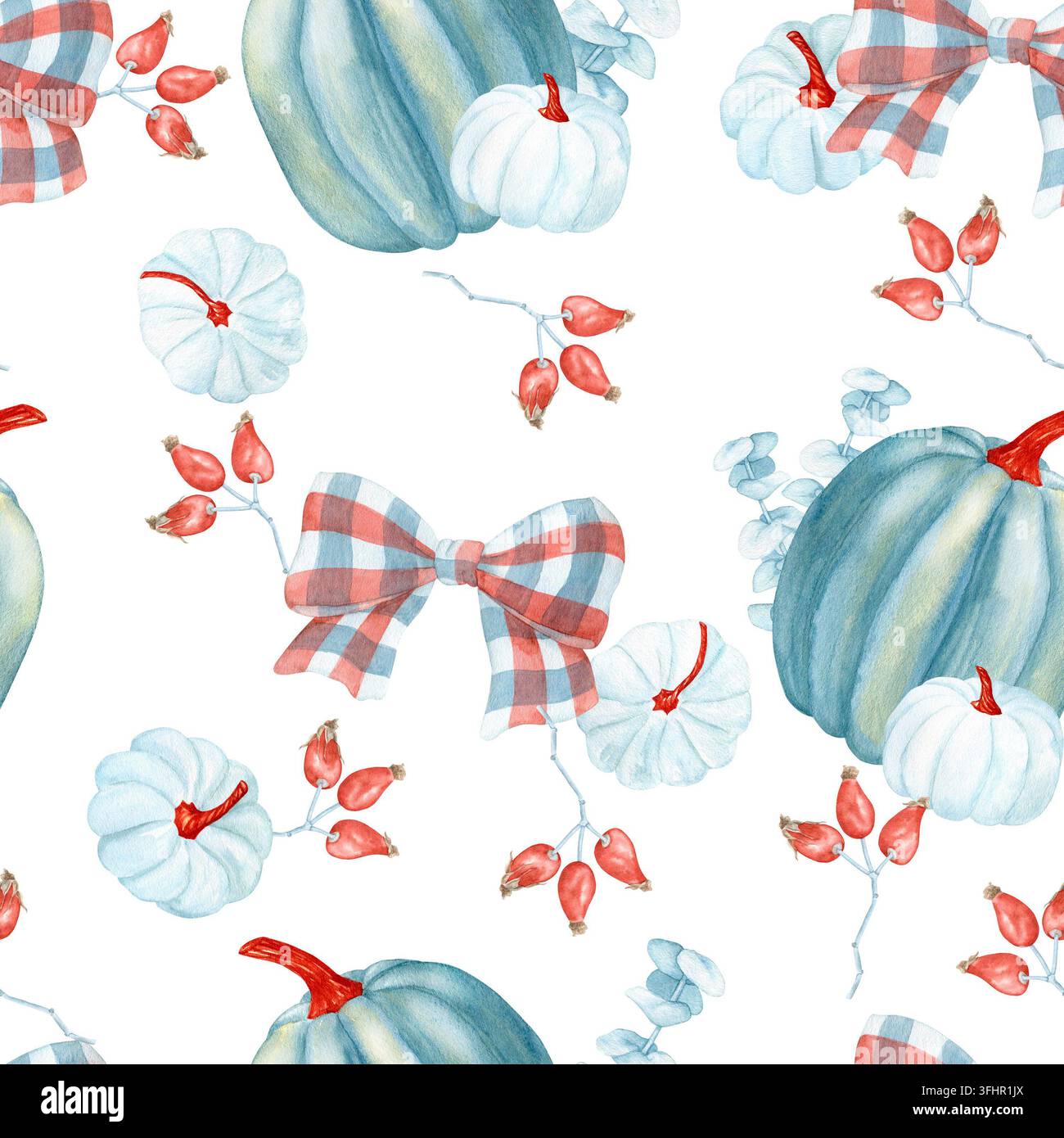 Aquarell-Herbst-Muster ohne Ende mit Illustrationen blauer Kürbisse, karierter Schleifen, Eukalyptus und Beeren. Handgezeichneter Hintergrund für Thanksgiving und Herbst Stockfoto