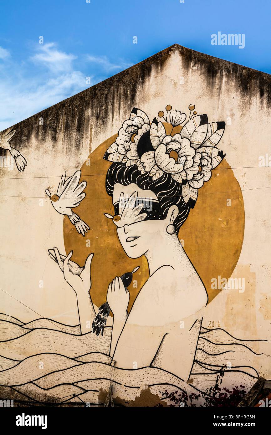 Straßenkunst, Alfama, ältestes Viertel auf einem Hügel unter dem Castelo de Sao Jorge, Lissabon, Portugal, Lissabon, Portugal Stockfoto