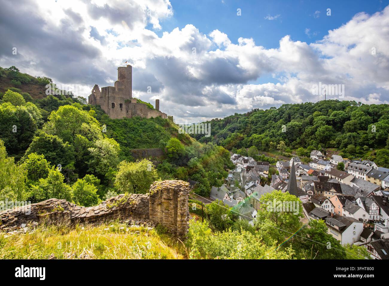 Landschaft um das Löwenburg-Schloss, am Elzbach-Bach mitten im Wald. Landschaftsfoto in der Nähe von Monreal, Deutschland Stockfoto