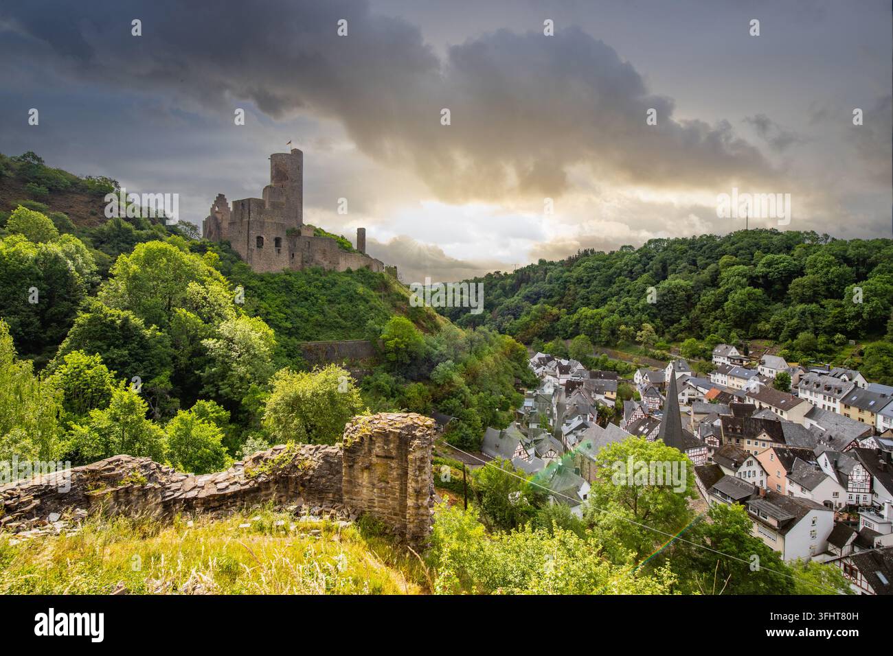 Landschaft um das Löwenburg-Schloss, am Elzbach-Bach mitten im Wald. Landschaftsfoto in der Nähe von Monreal, Deutschland Stockfoto