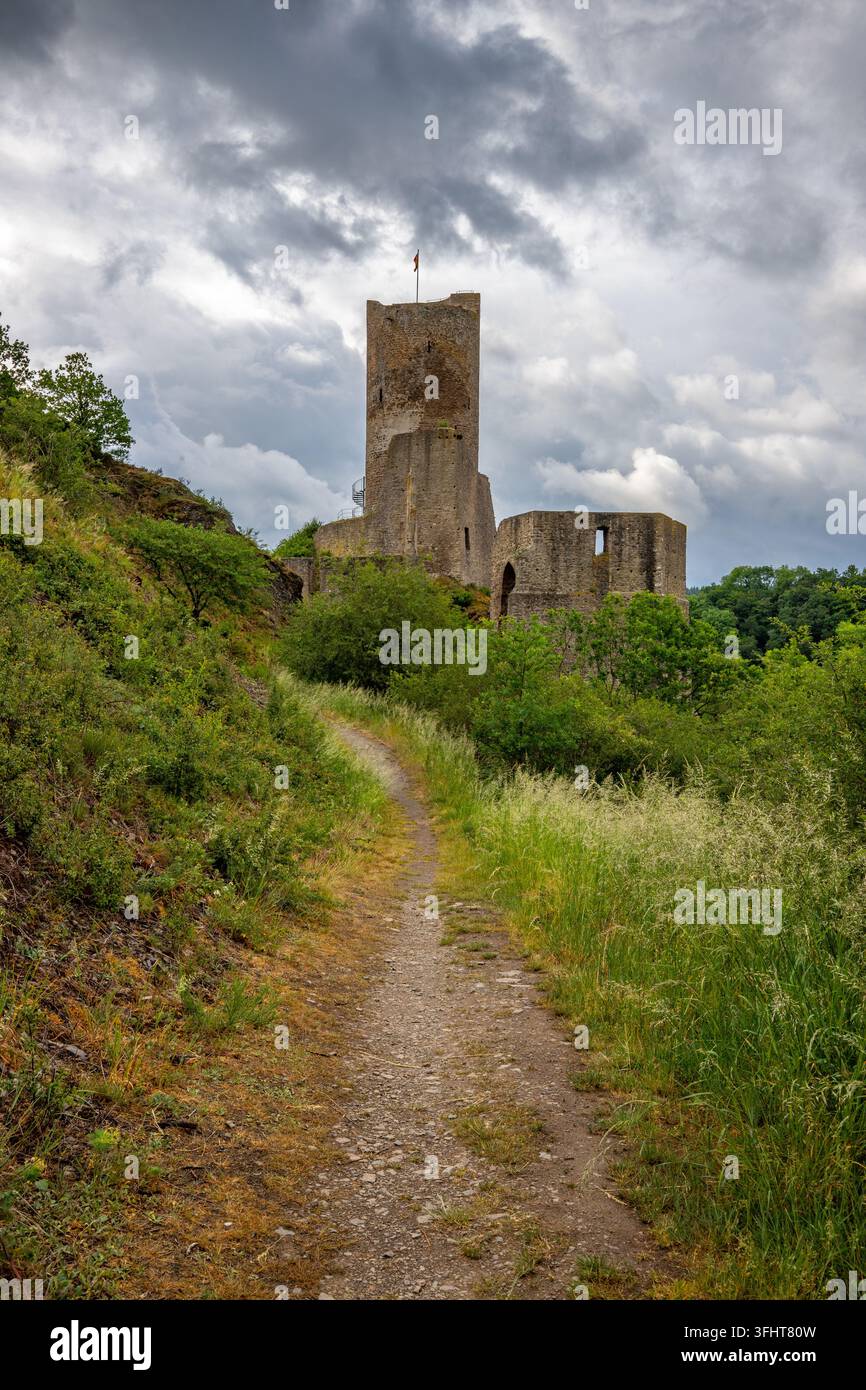 Landschaft um das Löwenburg-Schloss, am Elzbach-Bach mitten im Wald. Landschaftsfoto in der Nähe von Monreal, Deutschland Stockfoto