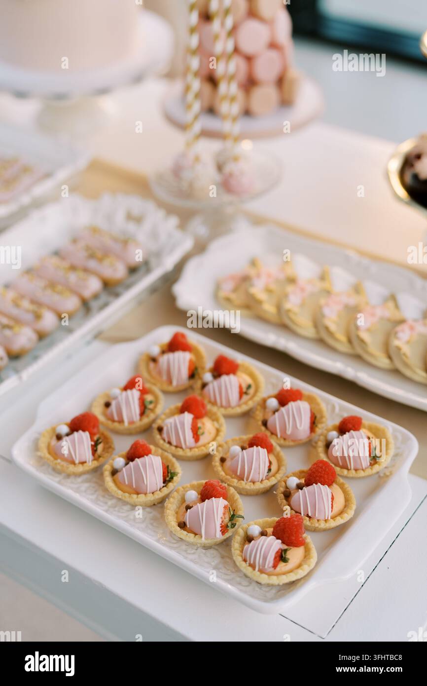 Eleganter Desserttisch mit verschiedenen Gebäckstücken und Torten Stockfoto