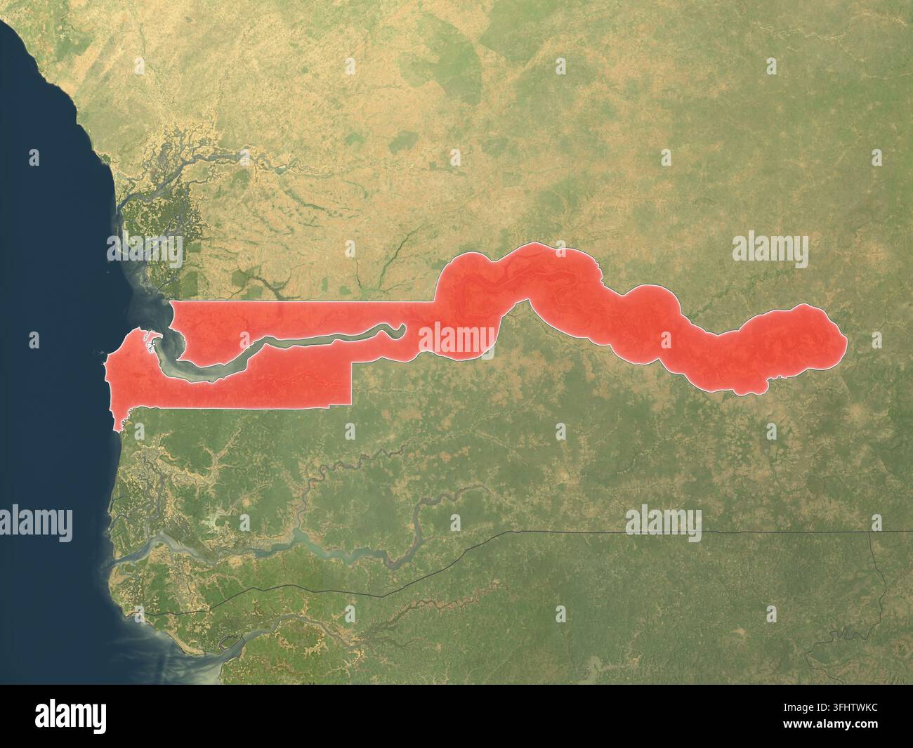Gambia auf realistischer Karte hervorgehoben Stockfoto