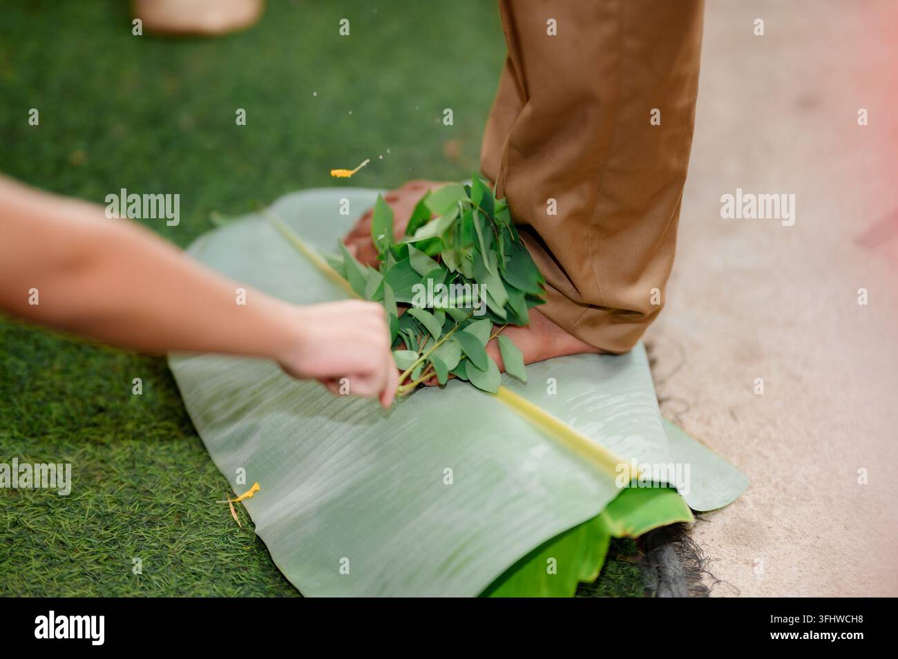 Traditionelles Fußwaschungsritual mit grünen Blättern auf Bananenblättern während einer Hochzeit Stockfoto
