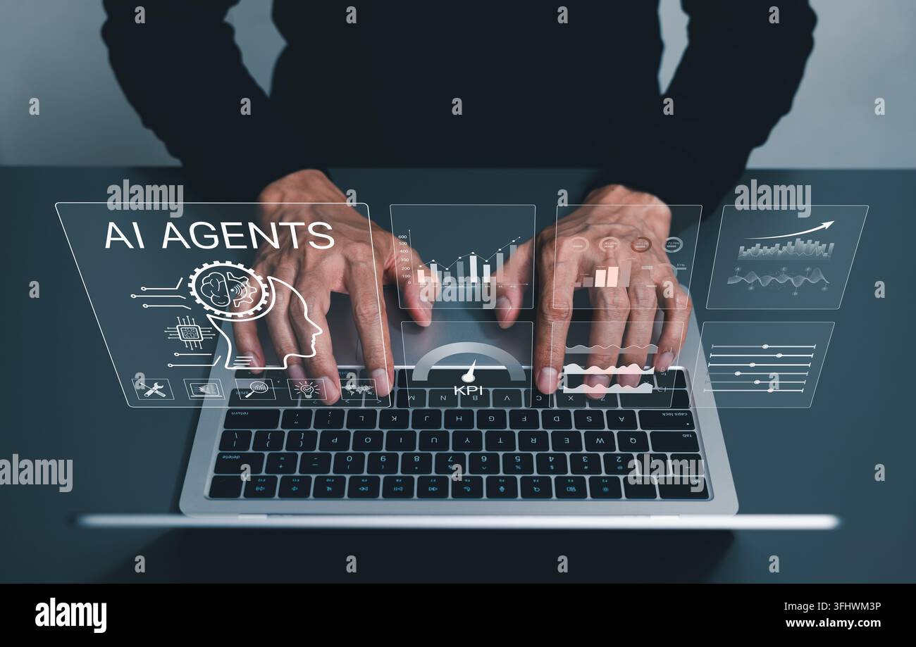 KI-Agent-Konzept. Eine Person interagiert mit KI-Agent-Technologie, Analyse-Charts, Leistungskennzahlen (KPIs), die künstliche Intelligenz im Geschäftsbereich symbolisieren Stockfoto