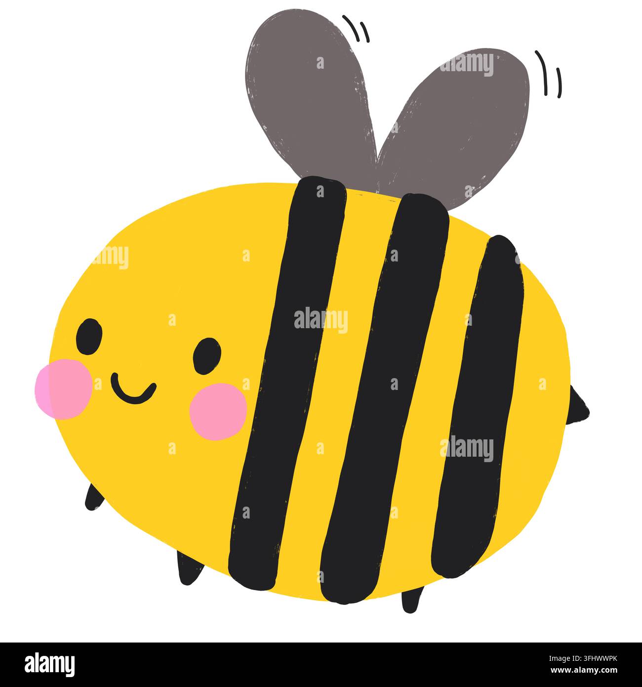 Eine niedliche Kawaii-Stil-Biene mit einem fröhlichen Ausdruck, rosigen Wangen und weichen Flügeln, illustriert in kräftigen schwarzen und gelben Streifen. Stockfoto