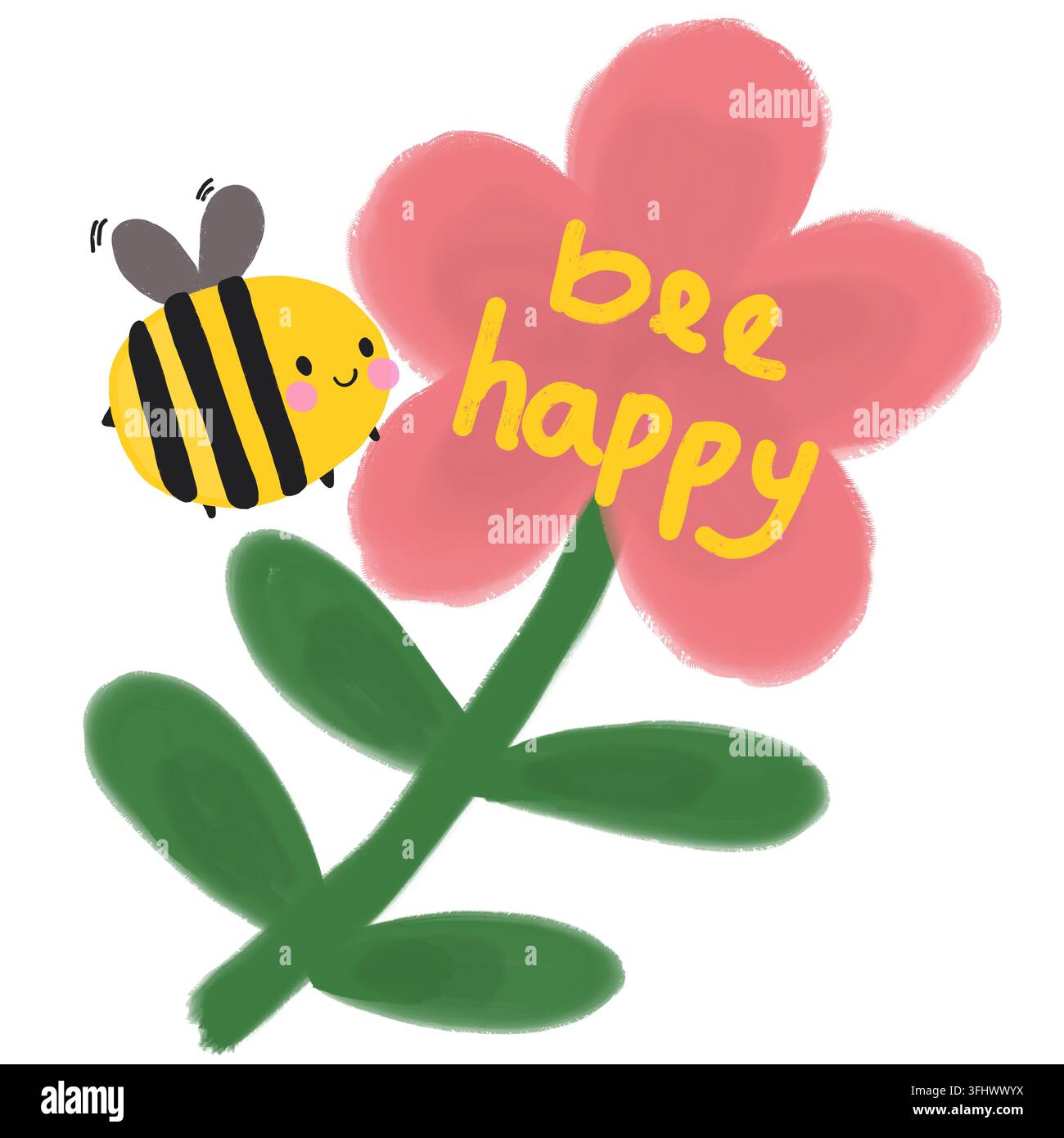 Eine kawaii-Stil Biene, die neben einer großen rosa Blume ruht, mit dem handgeschriebenen Satz "bee happy", illustriert auf einem schlichten Hintergrund. Stockfoto