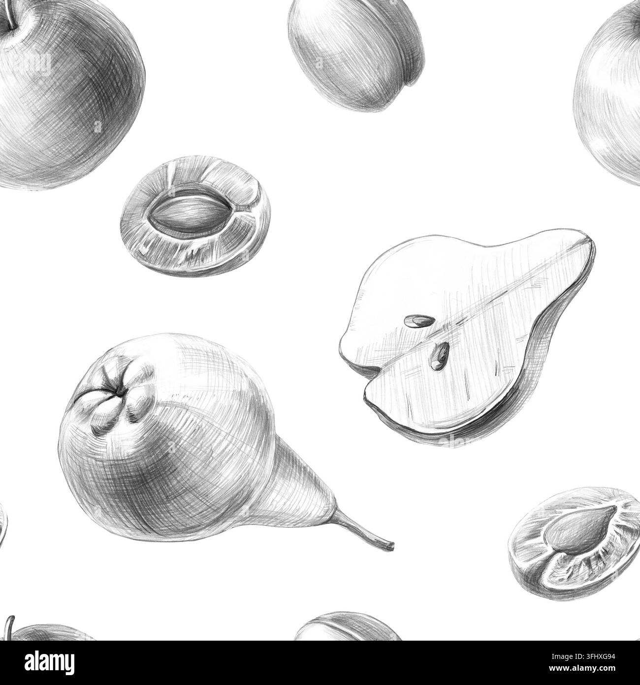 Pears, Äpfel und Aprikosen in einem nahtlosen Muster. Isolierte Bleistiftillustration für Konditoreimenüs, Verpackungen, Marmeladenetiketten, Kochbuchdesigns, Eco Stockfoto