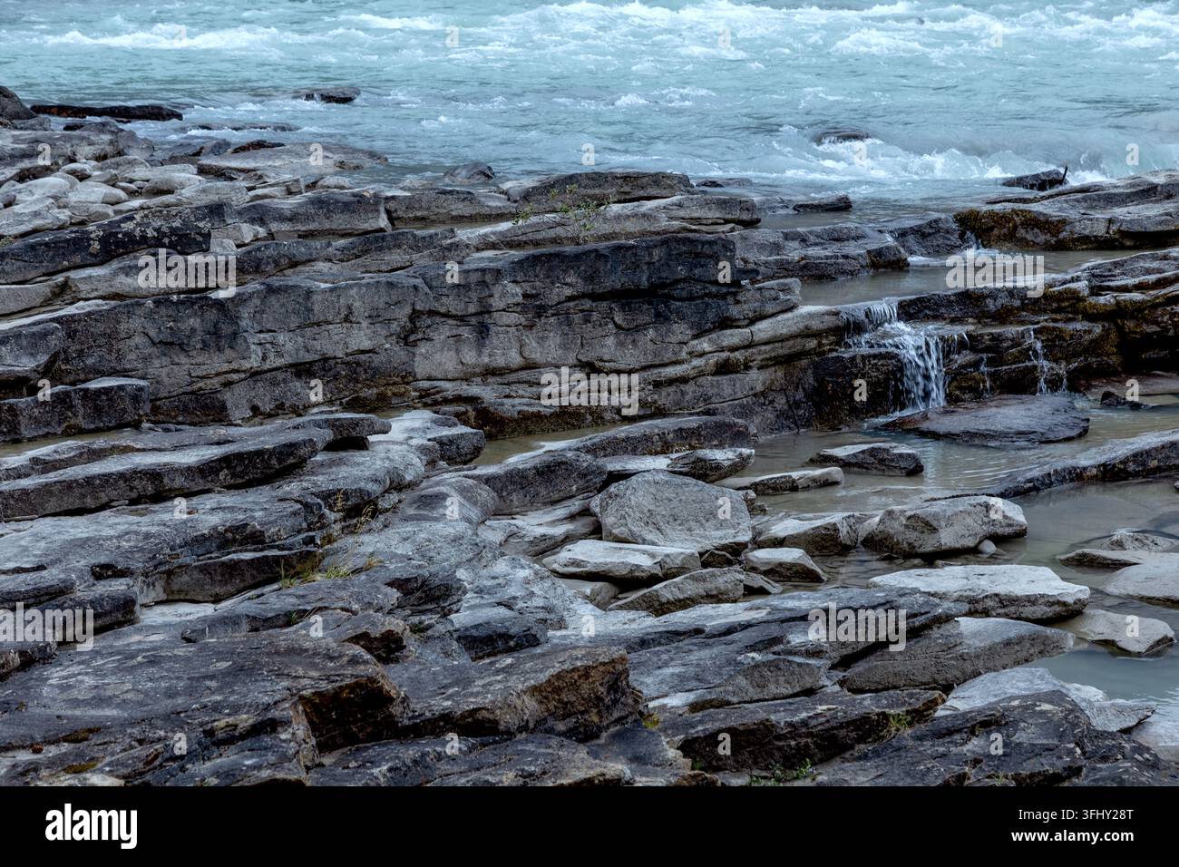 Mächtiger Wasserfall stürzt über geschichtete Felsen, umgeben von üppigem grünem Wald, Athabasca-Fälle, Jasper-Park, Alberta, Kanada Stockfoto