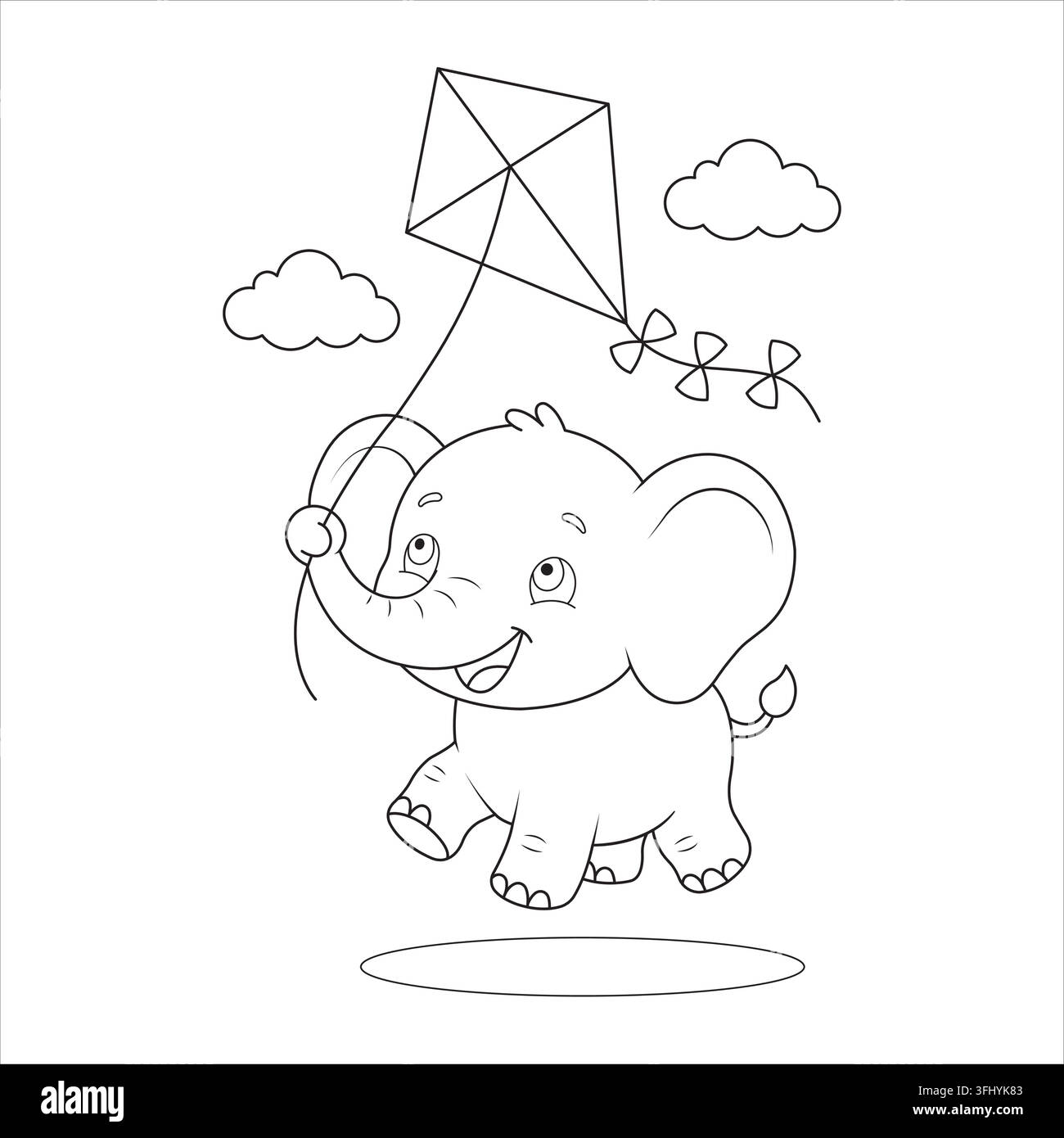 Fliegender Drachen-Spielzeug spielt draußen, Elefant rennt und hält die Schnur am Himmel Stock Vektor