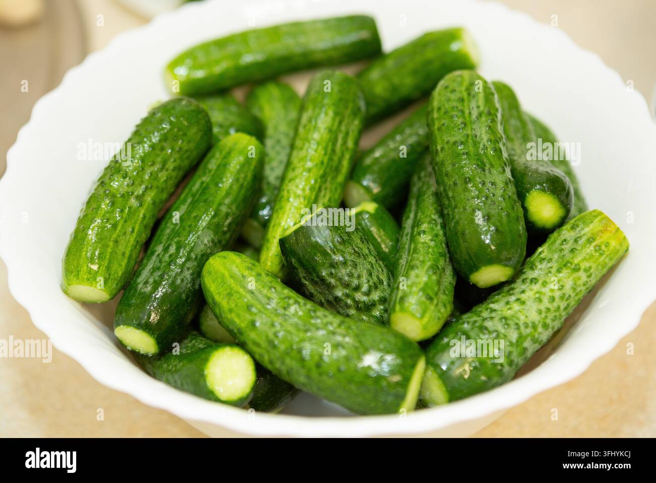 Kleine, schöne Bio-Gurken werden gewaschen und liegen in einer tiefen Schüssel, um eingemacht zu werden Stockfoto