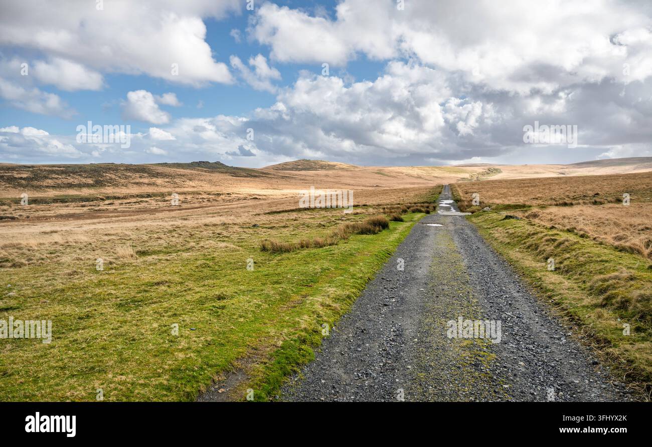 Blick nach Süden auf die Circular Road, mit Oke Tor und Steeperton Tor voraus links. Dartmoor-Nationalpark, Devon, England, UK. Stockfoto
