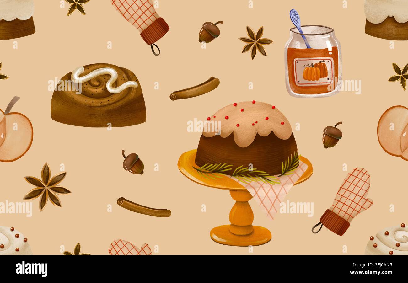 Warmes beiges nahtloses Aquarellmuster voller köstlicher Herbstgebäckstücke, Marmeladen und warmer Gewürze. Ideal für Café-Branding, Rezeptbücher, Verpackungspapier Stockfoto