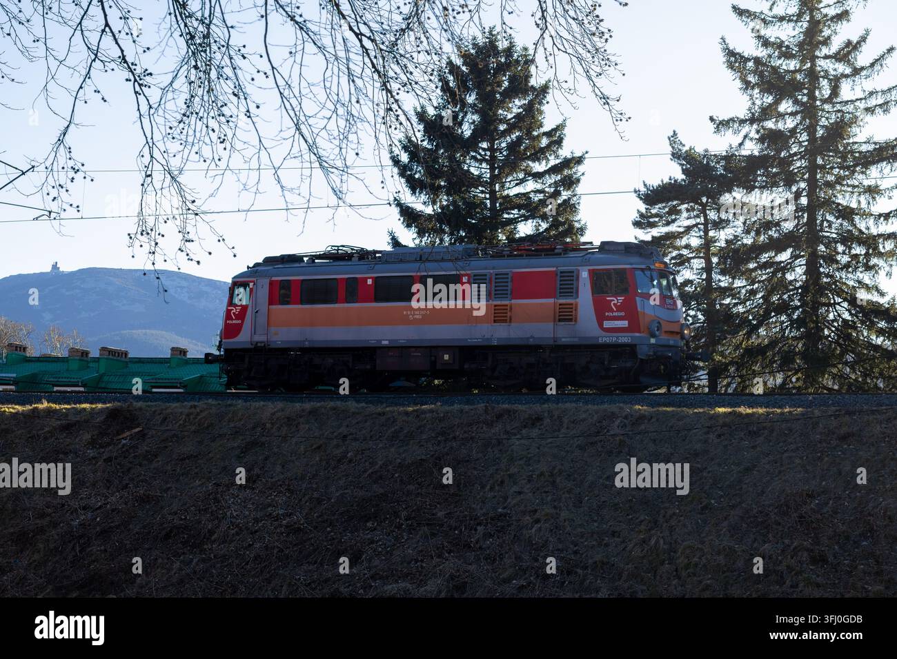 Szklarska Poręba, Polen – 18. Dezember 2025: Eine Polregio-Elektrolokomotive fährt im Morgengrauen an Kiefern vorbei und veranschaulicht regionale Reisen und lebenswichtige Trans Stockfoto