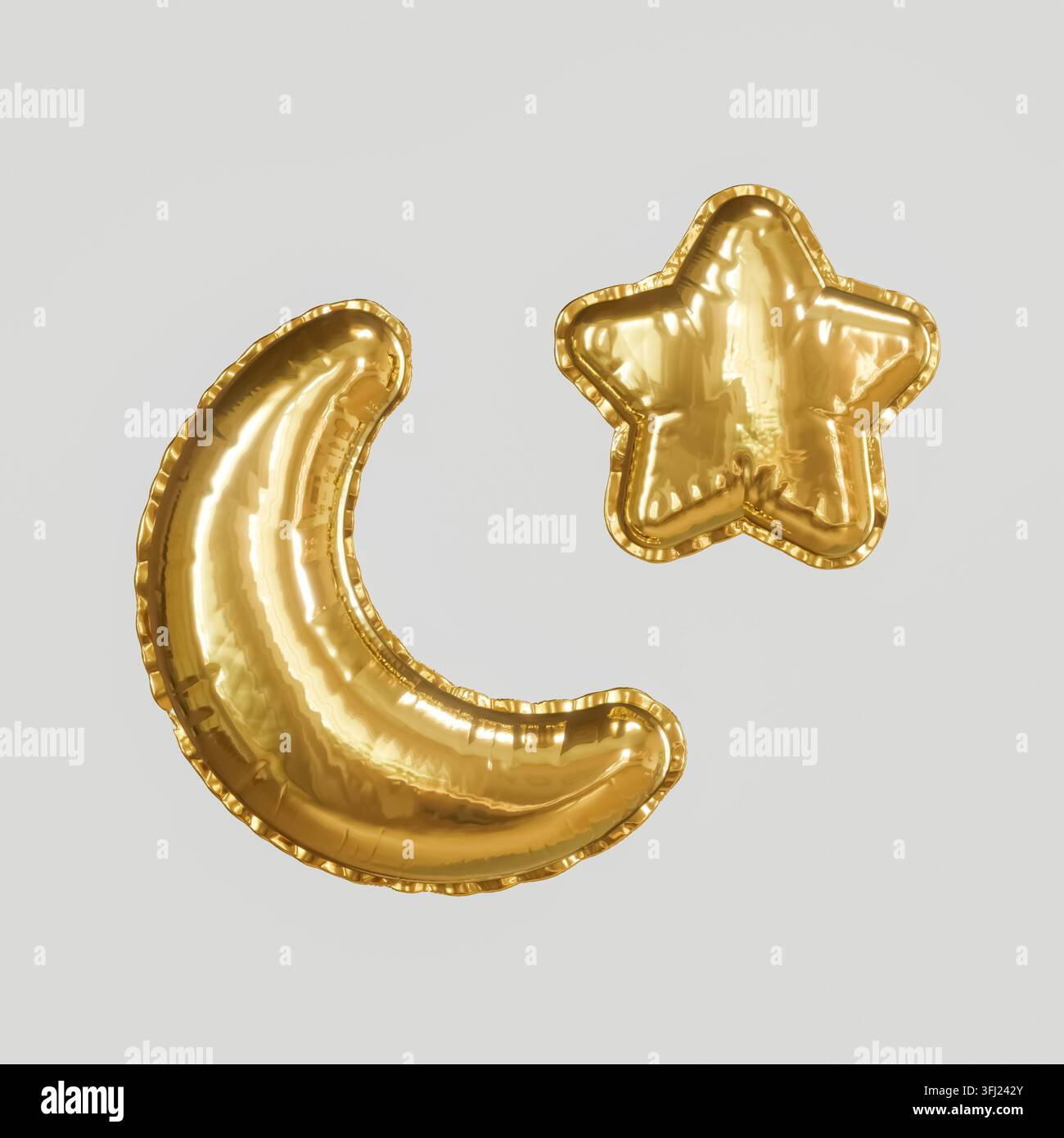 Goldene Halbmond- und Sternballons, 3D-Rendering. Stockfoto