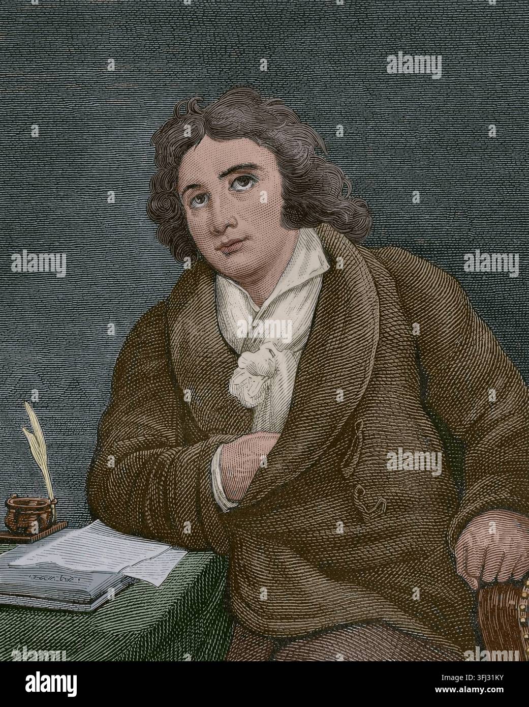 Marie-Joseph Chénier (Marie-Joseph Blaise de Chénier) (1764-1811). Französischer Dichter, Dramatiker und Politiker. Er war Mitglied des Club des Cordeliers und der Pariser Kommune. Stellvertreter des Nationalkonvents für das Departement seine-et-Oise. Er trat Dantons Partei bei und stimmte im Alter von 30 Jahren für das Todesurteil gegen Louis XVI. Portrait. Kupferstich von Huyot nach dem Porträt von Horace Vernet (1789–1863), eingraviert von Jerome Lefevre für die „oeuvres de M. J. Chenier“ (Paris; Guillaume, 1826). Direktorin, Konsulat und Reich. Moeurs et Usages, Lettres, Sciences et Arts. Frankreich, 179 Stockfoto