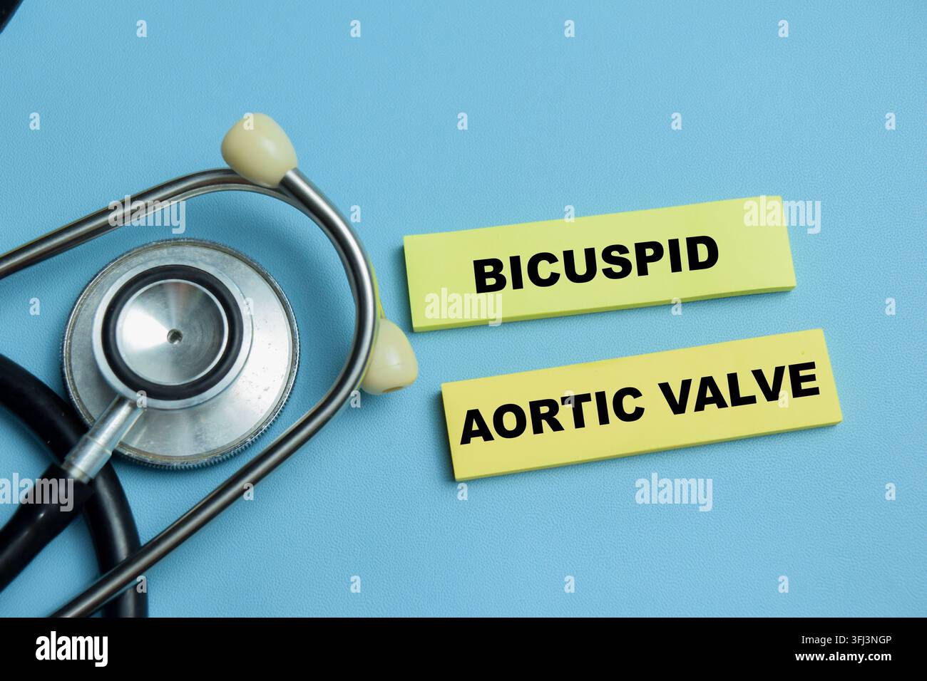 Konzept der zweiklappigen Aortenklappe auf Haftnotizen geschrieben, isoliert auf dem Tisch. Für die Herzgesundheit und Kardiologie Stockfoto