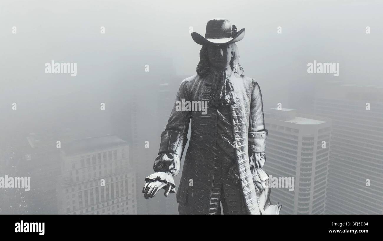 Luftaufnahme der berühmten William-Penn-Statue in Philadelphia während des Schneefalls, umgeben von dichtem Nebel, mit schwach sichtbaren Stadtgebäuden darunter. Drama Stockfoto