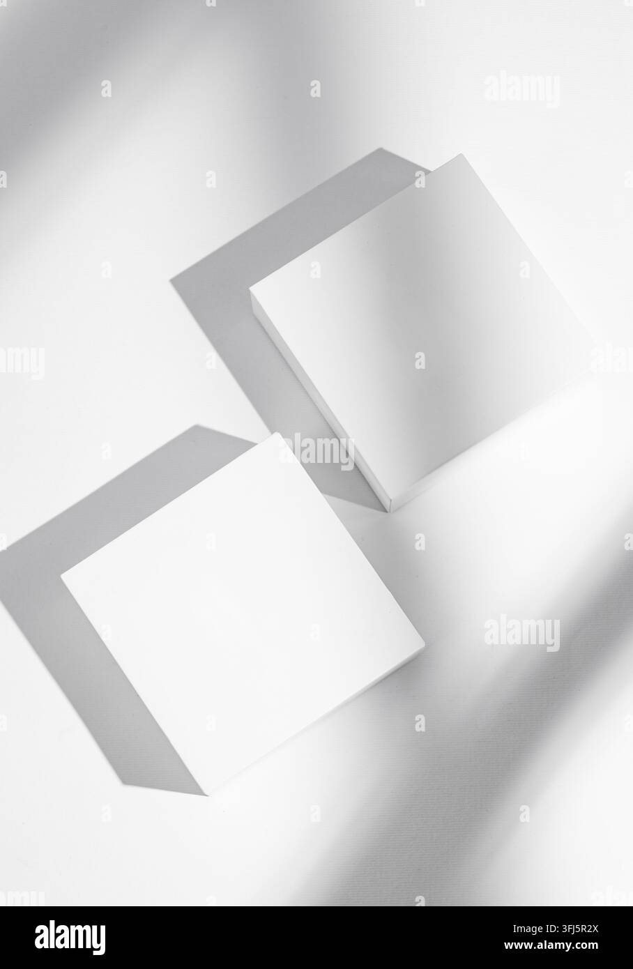 Zwei leere Würfel, Kisten oder Podest auf weißem Hintergrund mit weichen Schatten. Konzept abstraktes geometrisches Design für Werbung oder Produktpräsentation. Stockfoto
