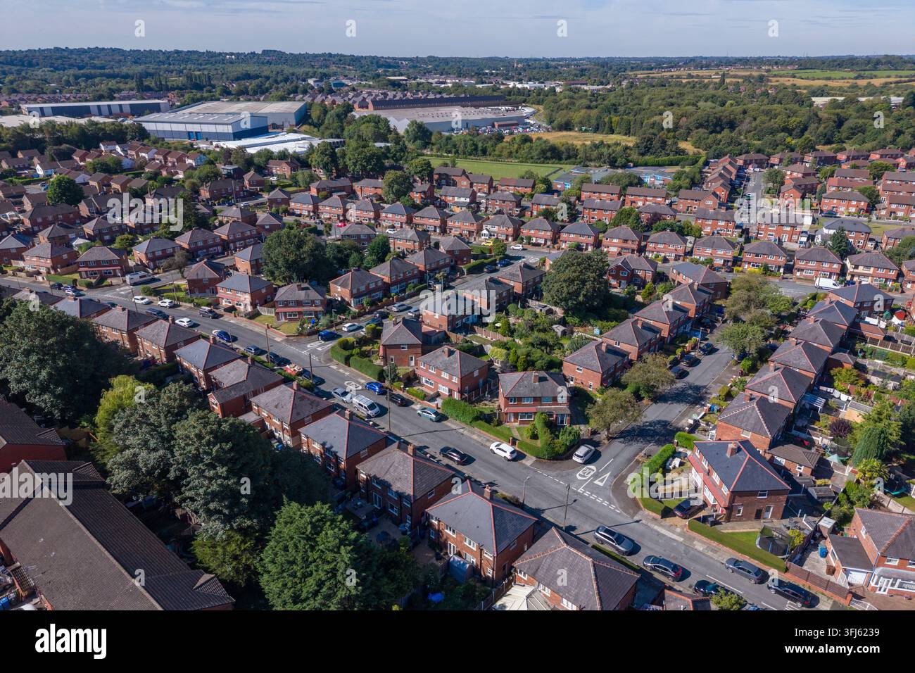Luftaufnahme von Windermere Drive in einem Wohngebiet von Bury (BL9), Greater Manchester, UK. Stockfoto