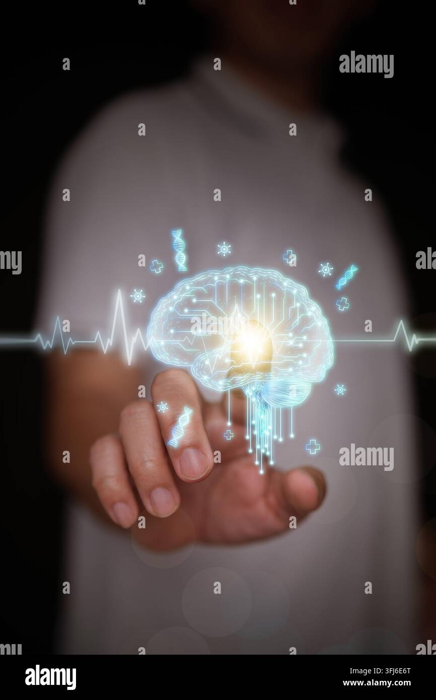 Männerfinger berührt digitales Gehirnkreislauf mit EKG-Linie, DNA-Strängen und medizinischen Symbolen. Interaktive künstliche Intelligenz Gesundheitsversorgung, KI-Neurales t Stockfoto