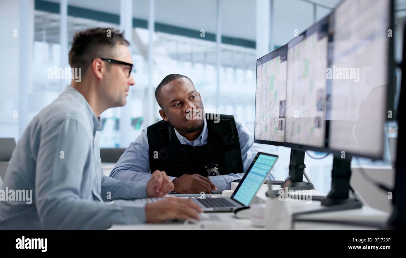 Ein Kriminalanalyst studiert georäumliche Daten auf dem Laptop, um Verbrechensmuster zu kartieren. Stockfoto