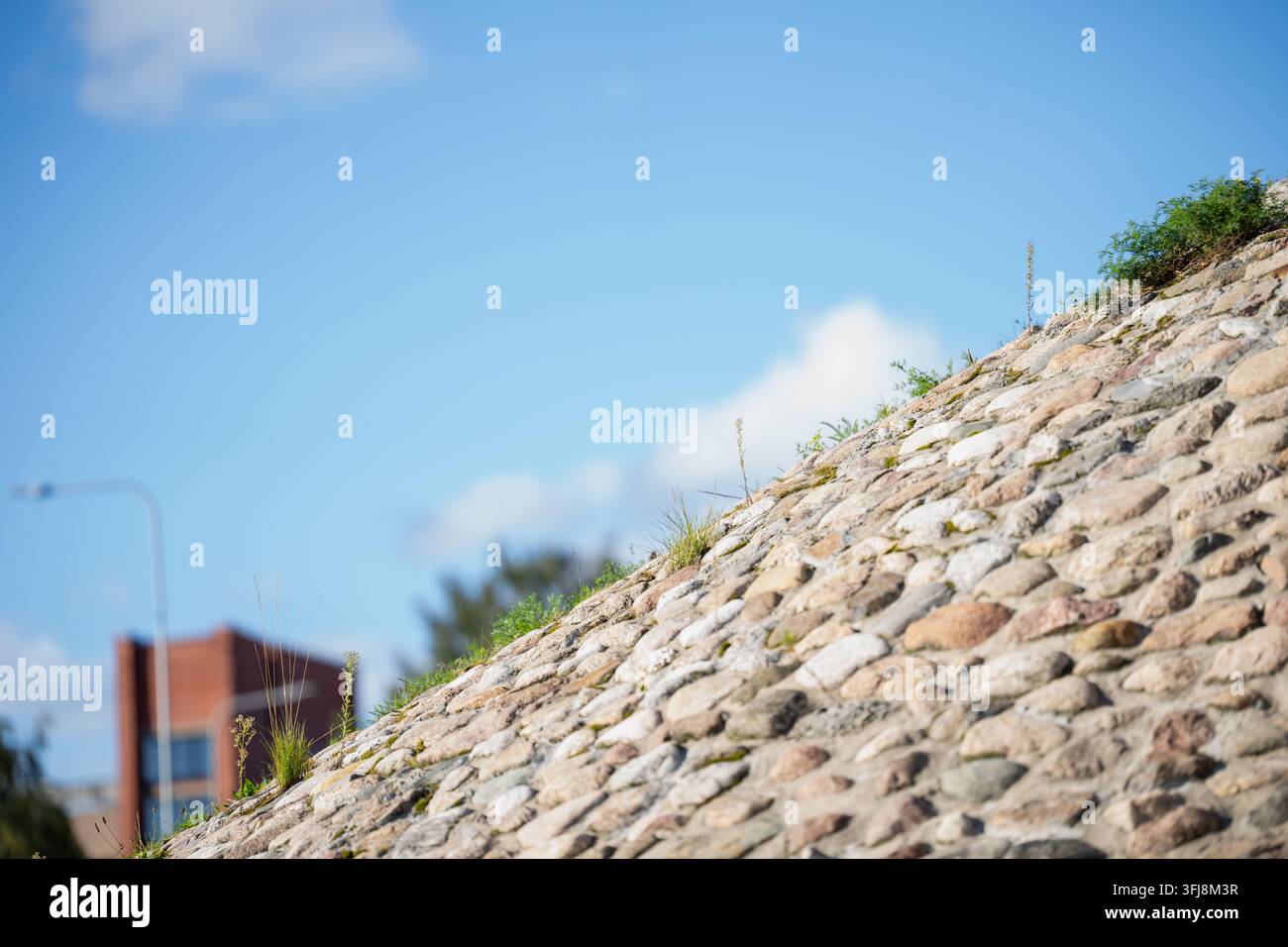 Ein Hang aus abgerundeten, handgelegten Feldsteinen bildet einen trockenen Steinwall, wo Grasbüschel und Unkraut durch die mörtelfreien Fugen unter einem Teil wachsen Stockfoto