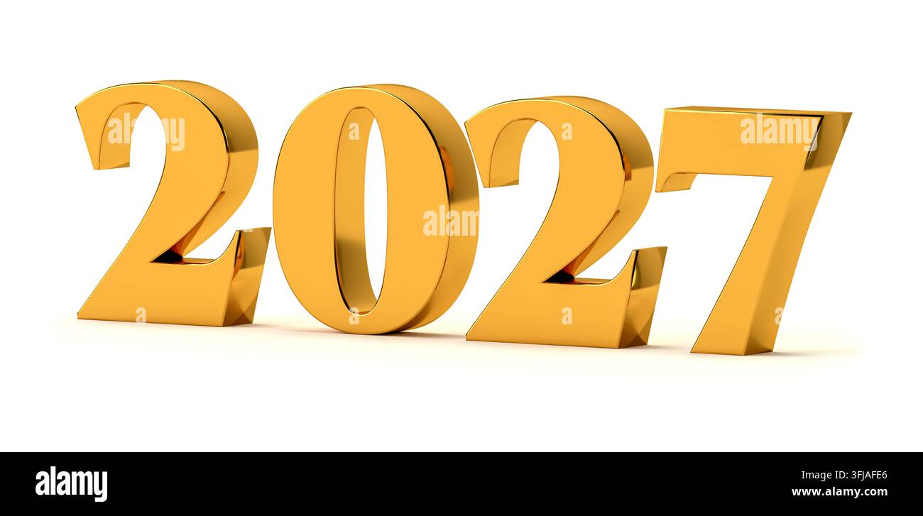Goldene 2027-Zahlen, die die Neujahrsfeier und einen Neuanfang darstellen. 3D-Rendering Stockfoto