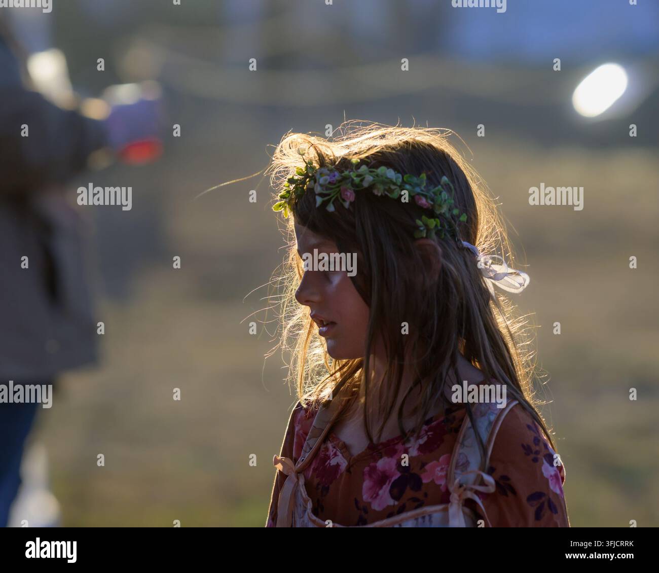 Blumengirlande im Haar Stockfoto