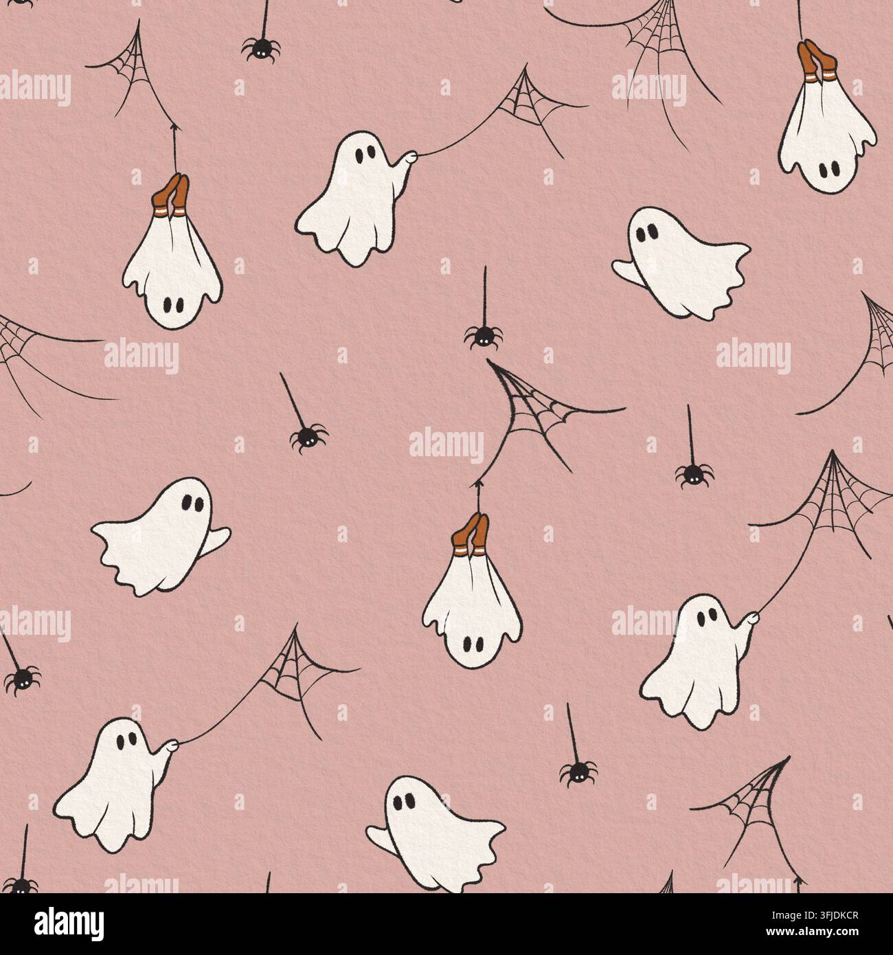 Handgezeichnetes nahtloses Halloween-Muster mit verspielten Geistern, Spinnen, Spinnweben und orangefarbenen Socken auf einem weichen rosa texturierten Hintergrund. Stockfoto
