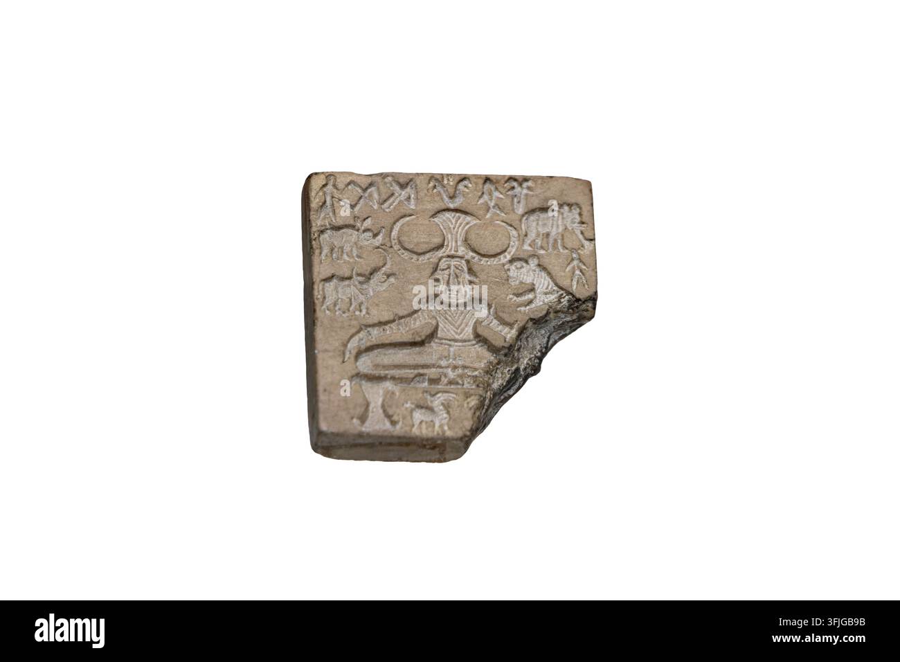 Pasupati-Siegel. Steatit. Mohenjo-Daro. Circa 2500-2400 v. Chr. 1-6/16 x 1-6/16 x ¼ Zoll. Dieses Siegel mit anthropomorpher Gestalt des ithyphallischen Shiva ist ein Stockfoto