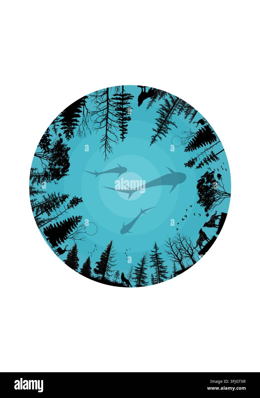 Surrealer Naturkonzeptkunst mit Silhouetten von Wald Bäumen, wilden Tieren und Haien in einem blauen Kreis Stockfoto