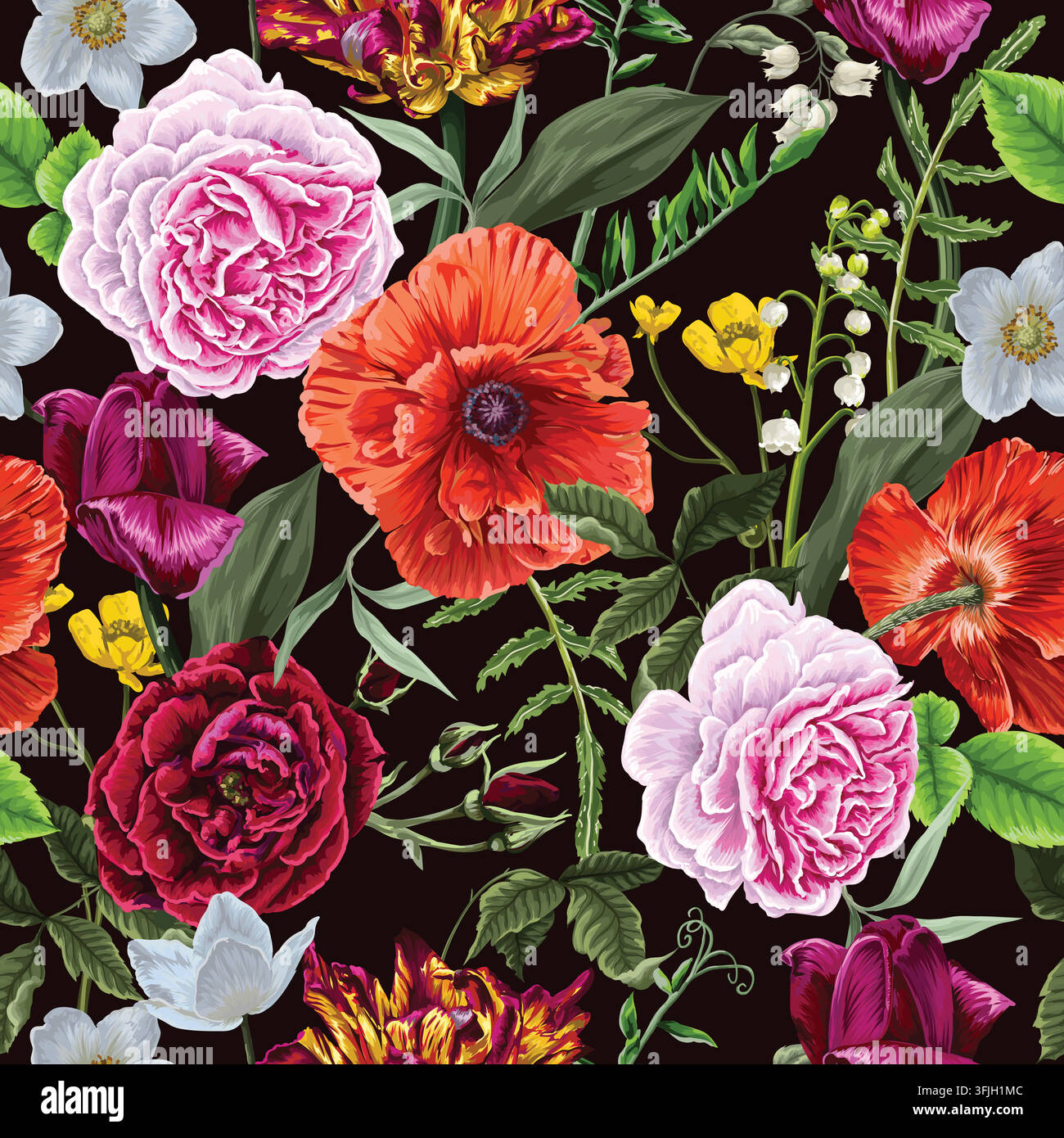 Üppige farbenfrohe Rosen, Mohnblumen, Tulpen und Wildblumen, realistisches botanisches Nahtloses Muster auf Schwarz Stock Vektor